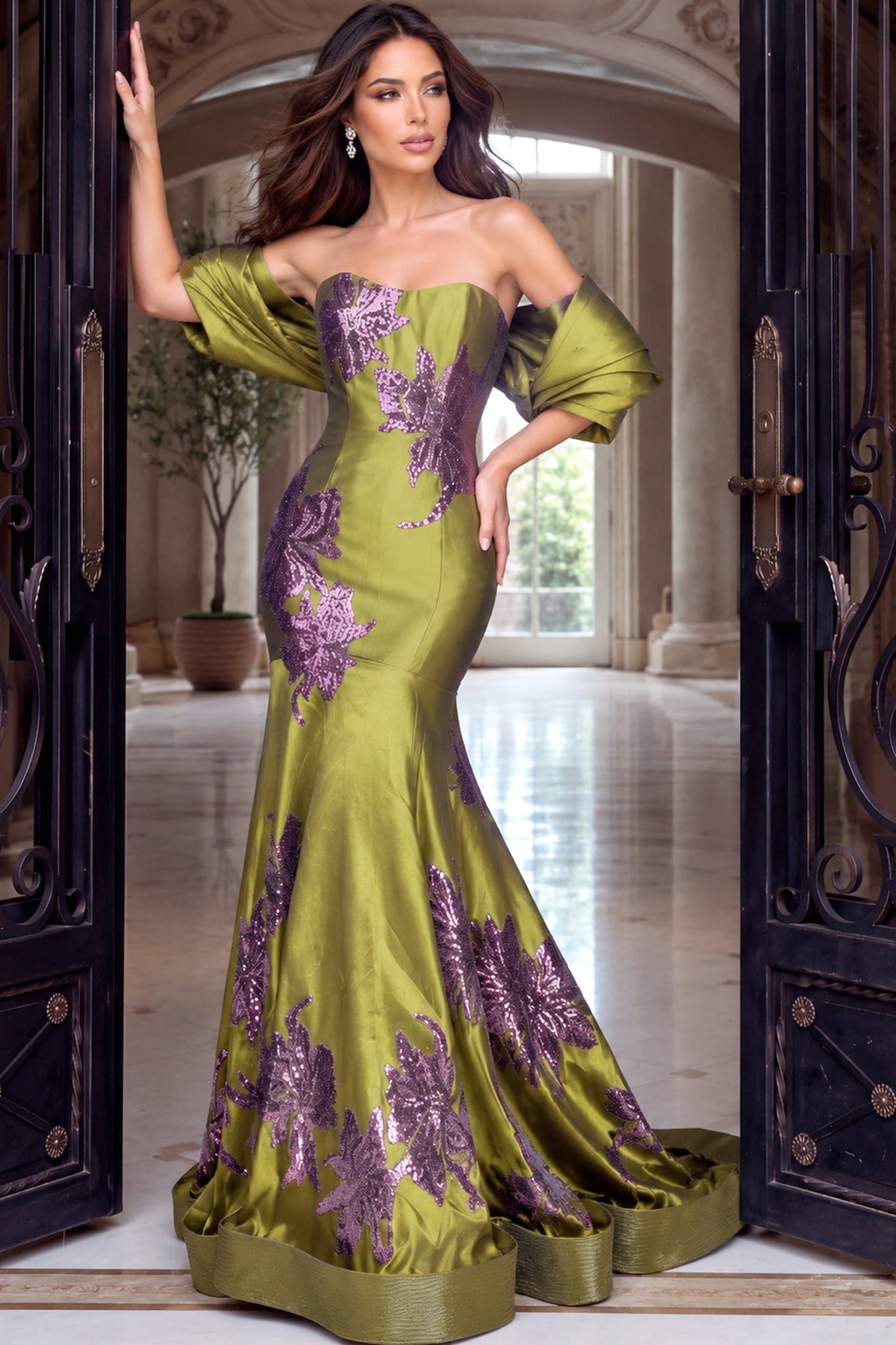 Jovani 54041 Floral Appliqued Mikado Mermaid Gown