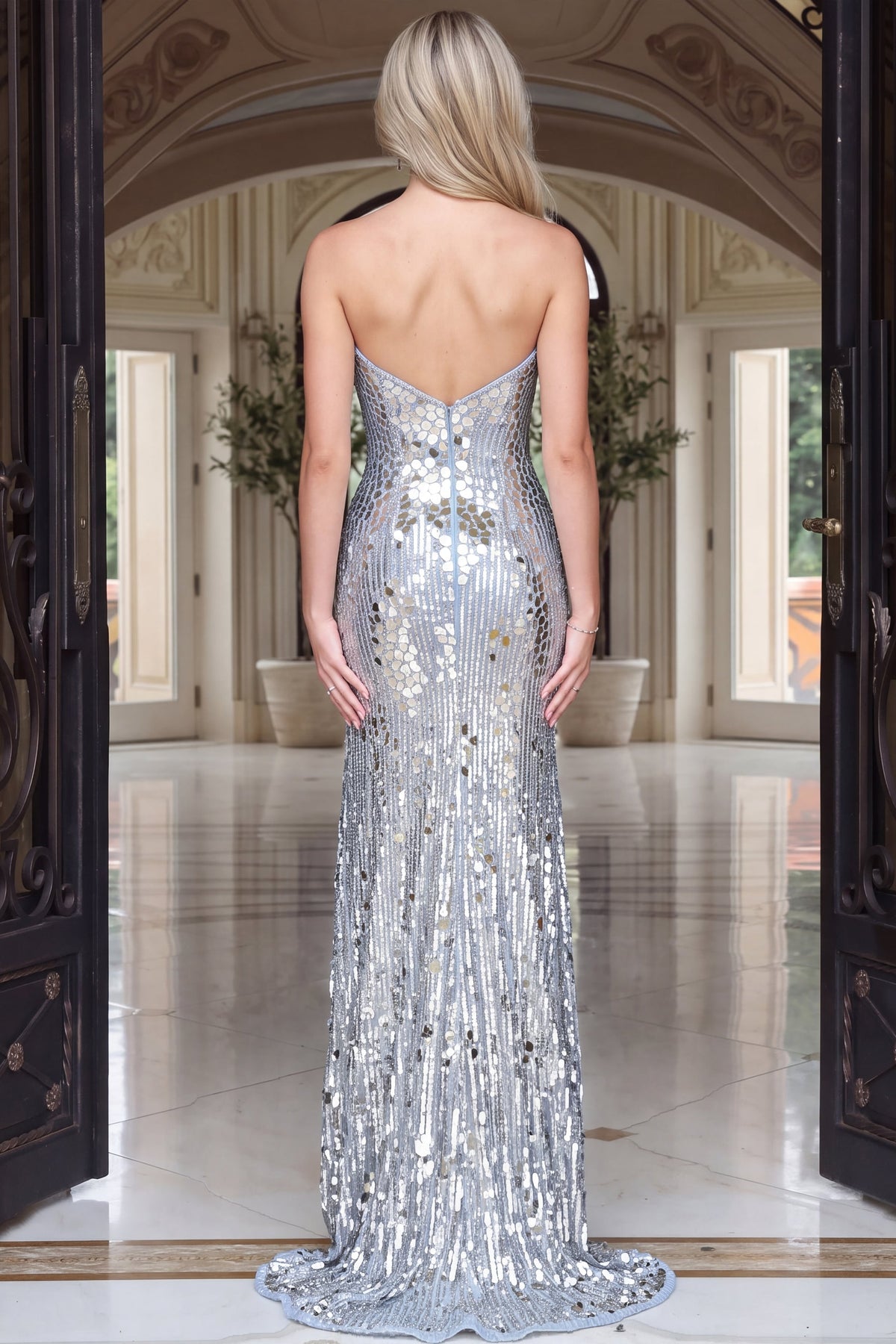 Jovani 54053 Light Blue Silver Mirror Sequin Strapless Mermaid Gown