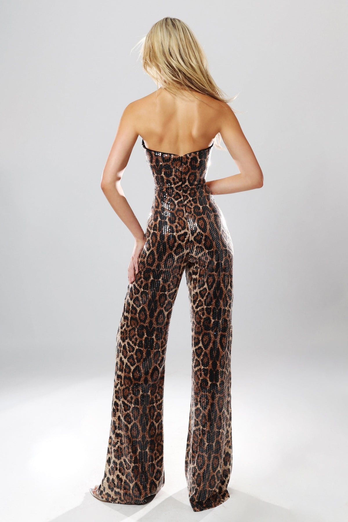 Jovani 54171 Strapless Leopard Print Sequin Jumpsuit With Wide Legs