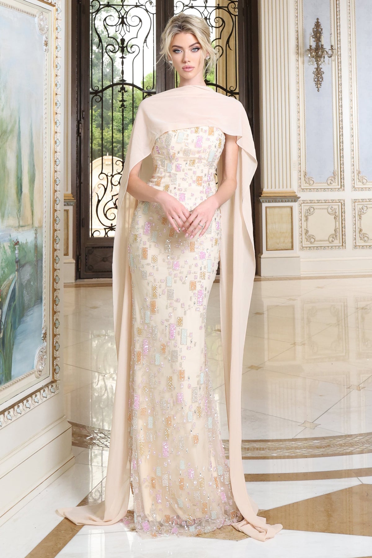 Jovani 54177 Beaded Column Gown With Cape