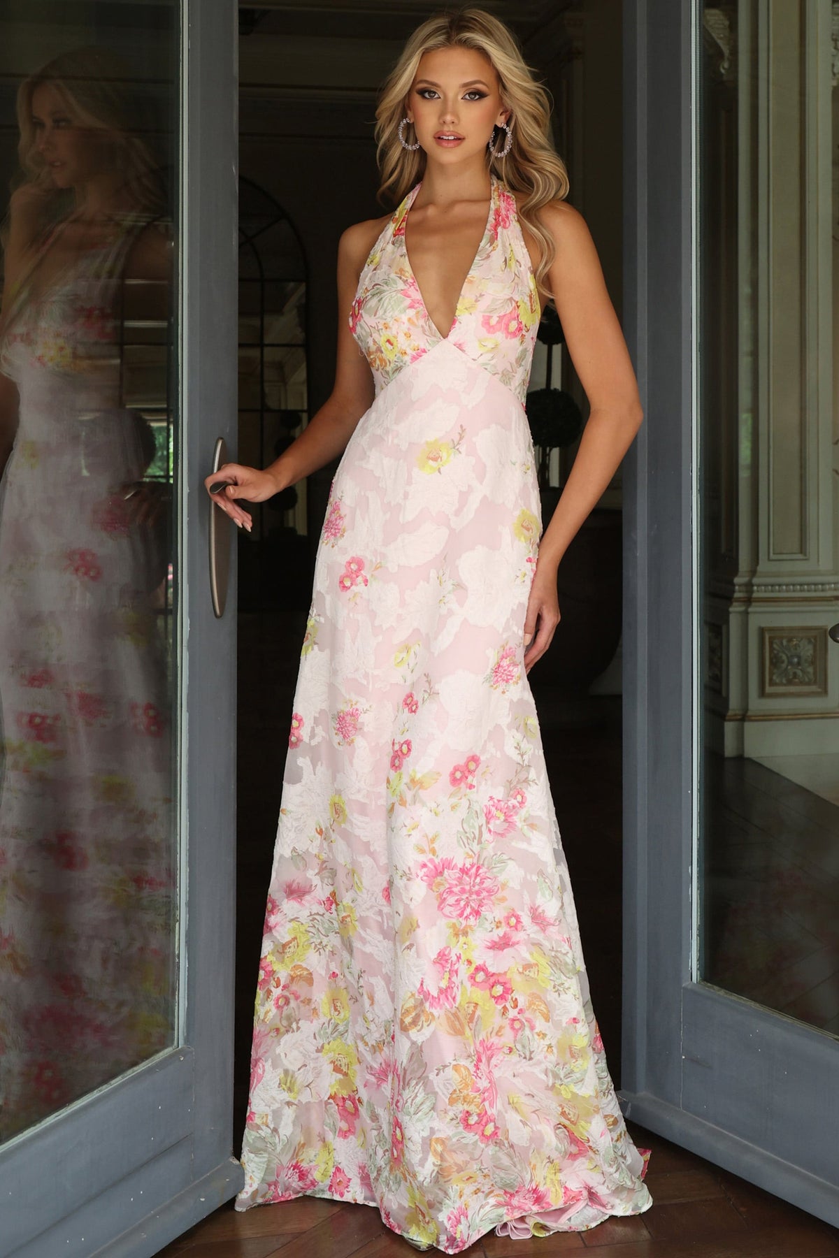 Jovani 54221 Halter Deep V Floral Chiffon Bow Back Gown