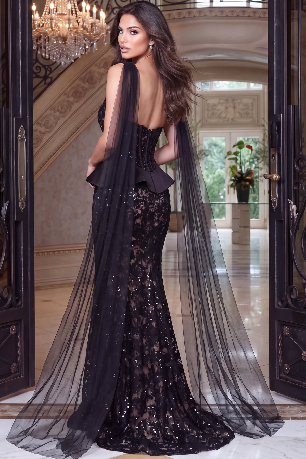 Jovani 54243 Corset Lace Mermaid Gown With Peplum