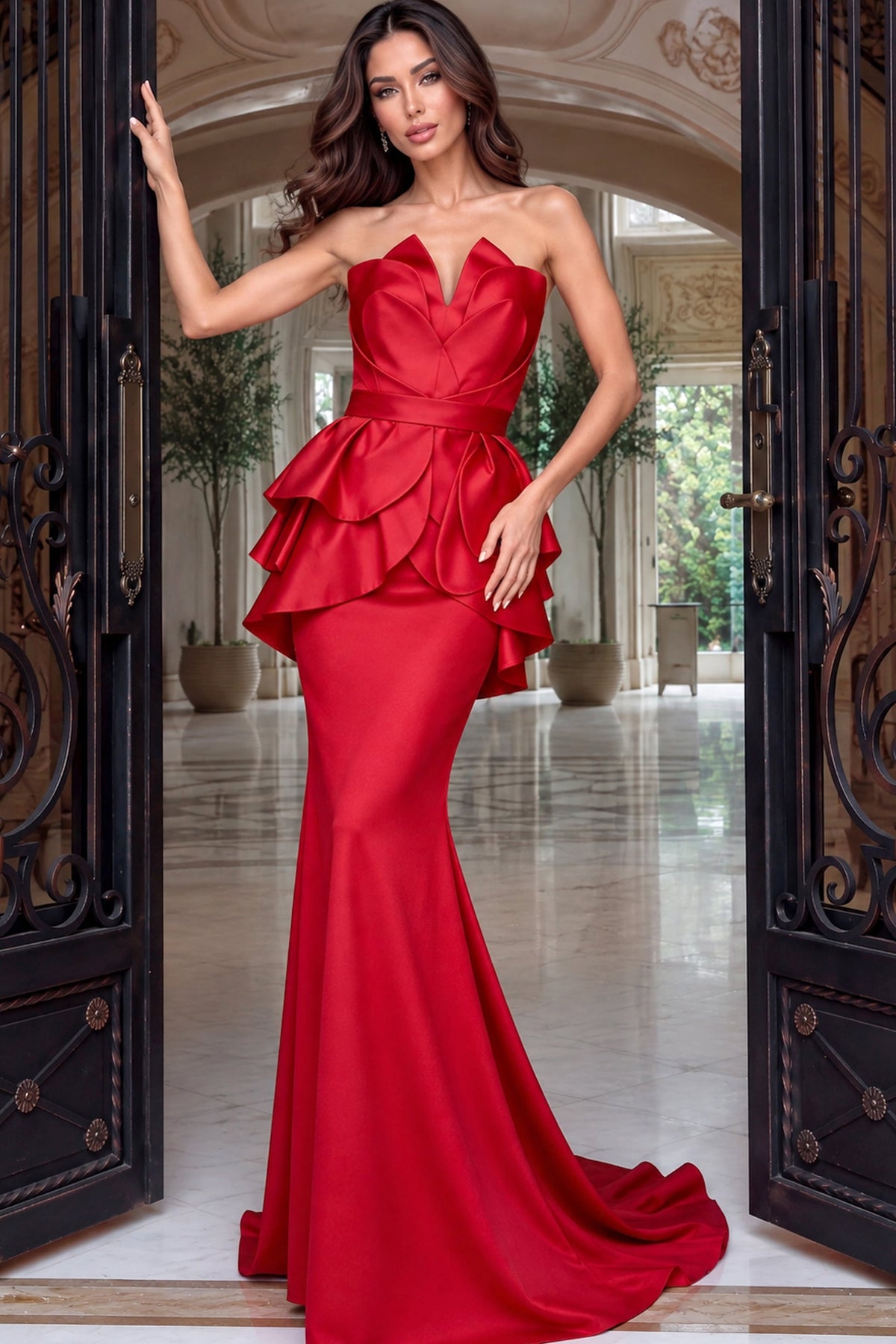 Jovani 54275 Folded Petal Bodice Peplum Mermaid Gown