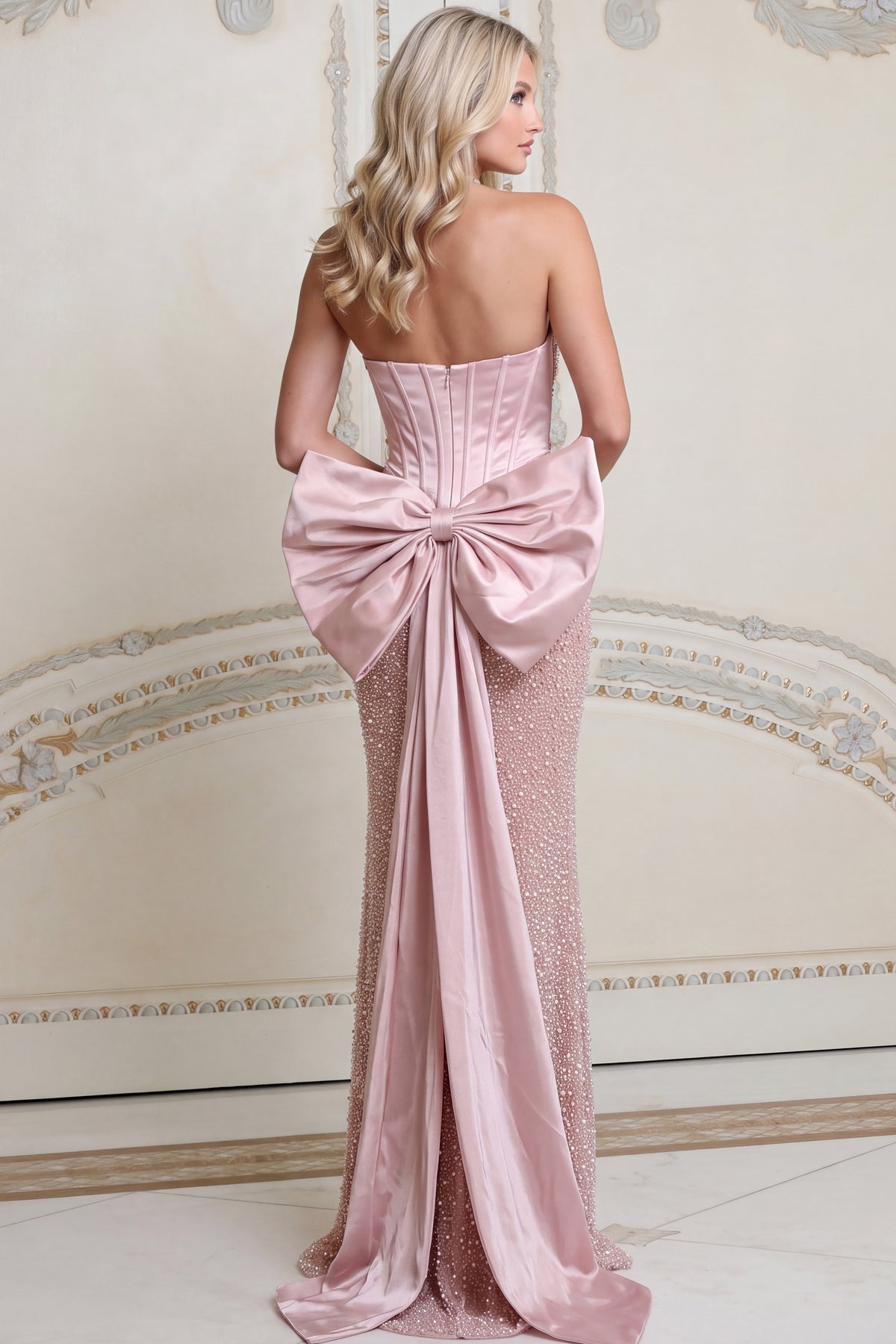 Jovani 54281 Strapless Beaded Corset Trumpet Gown With Back Bow