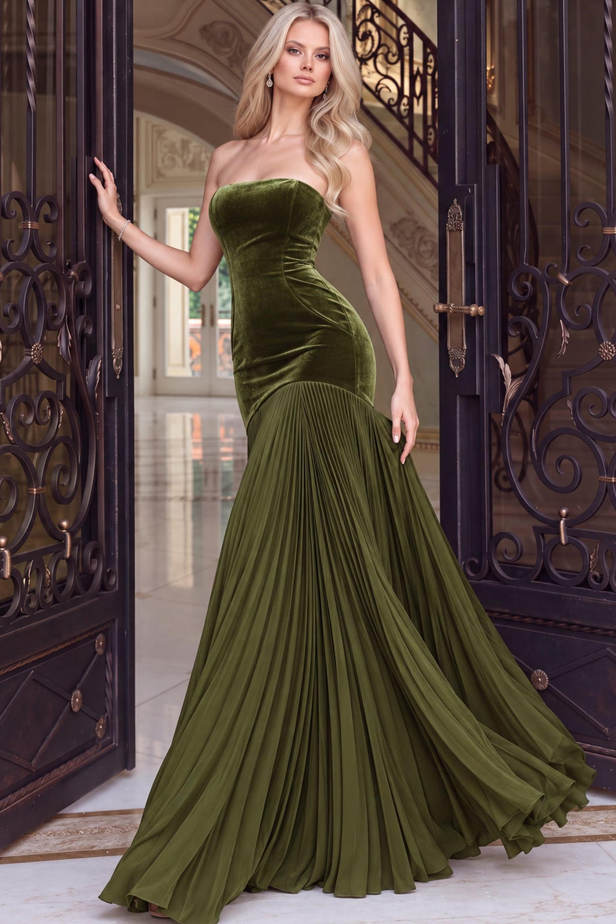 Jovani 54324 Olive Velvet Strapless Mermaid Gown With Pleated Skirt