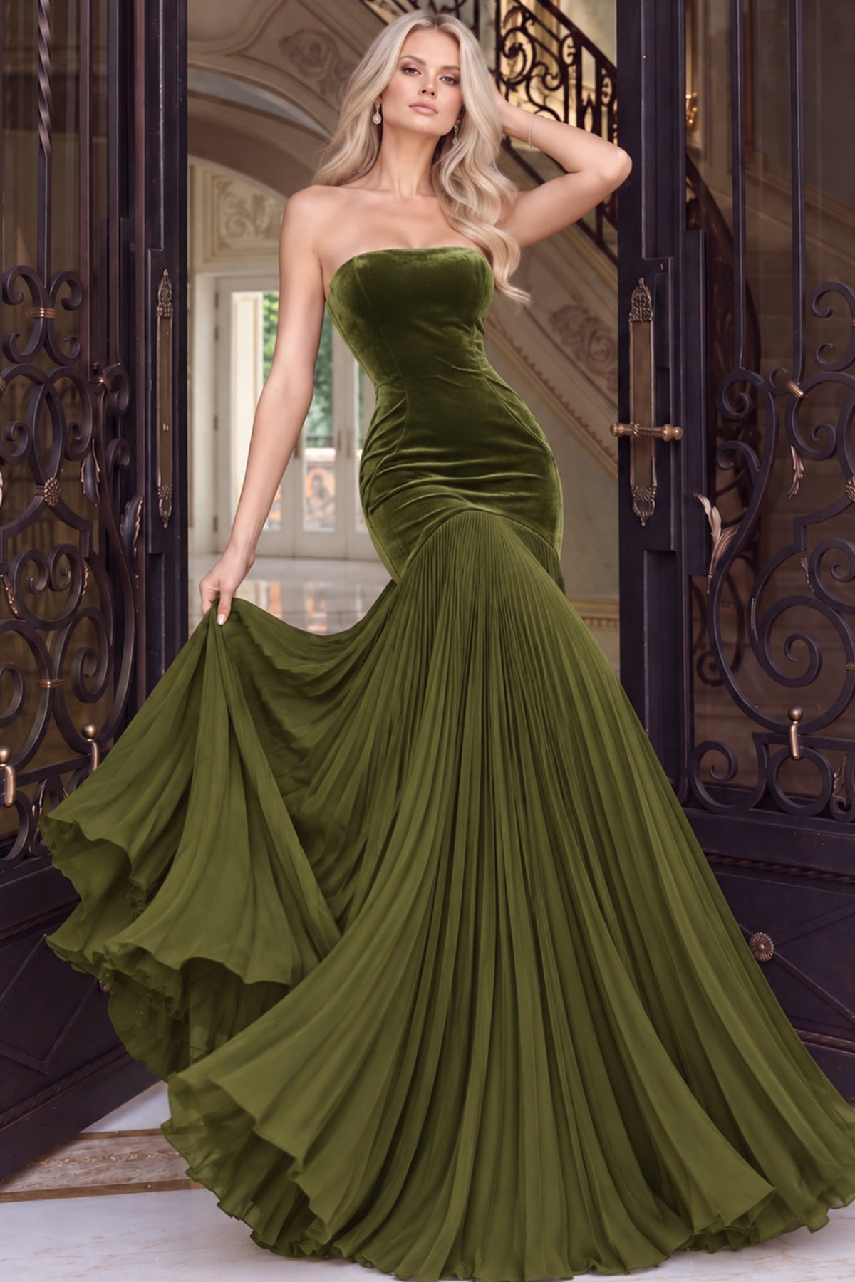 Jovani 54324 Olive Velvet Strapless Mermaid Gown With Pleated Skirt