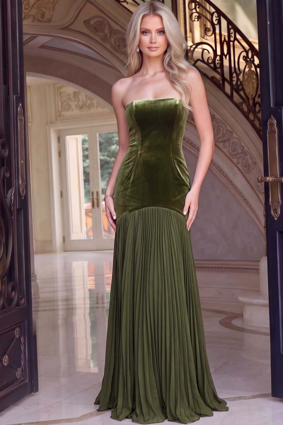 Jovani 54324 Olive Velvet Strapless Mermaid Gown With Pleated Skirt