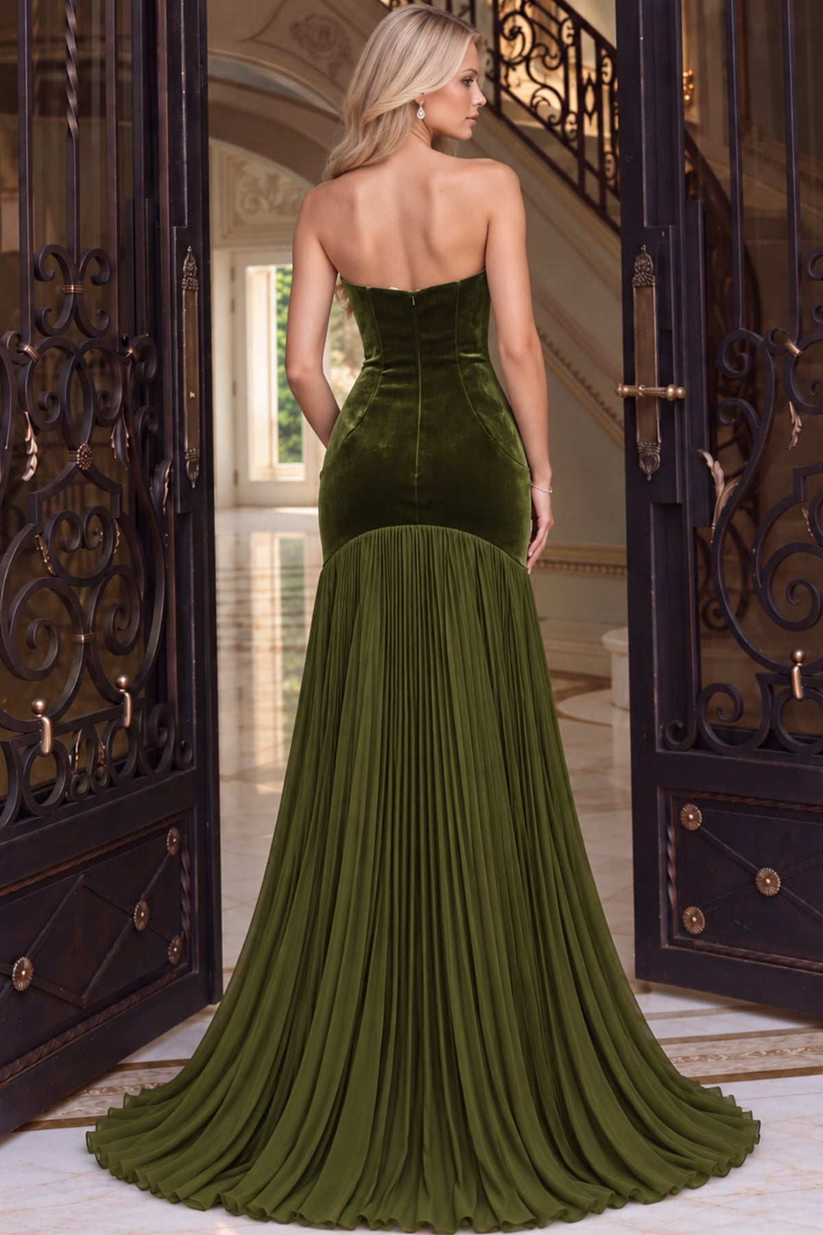 Jovani 54324 Olive Velvet Strapless Mermaid Gown With Pleated Skirt