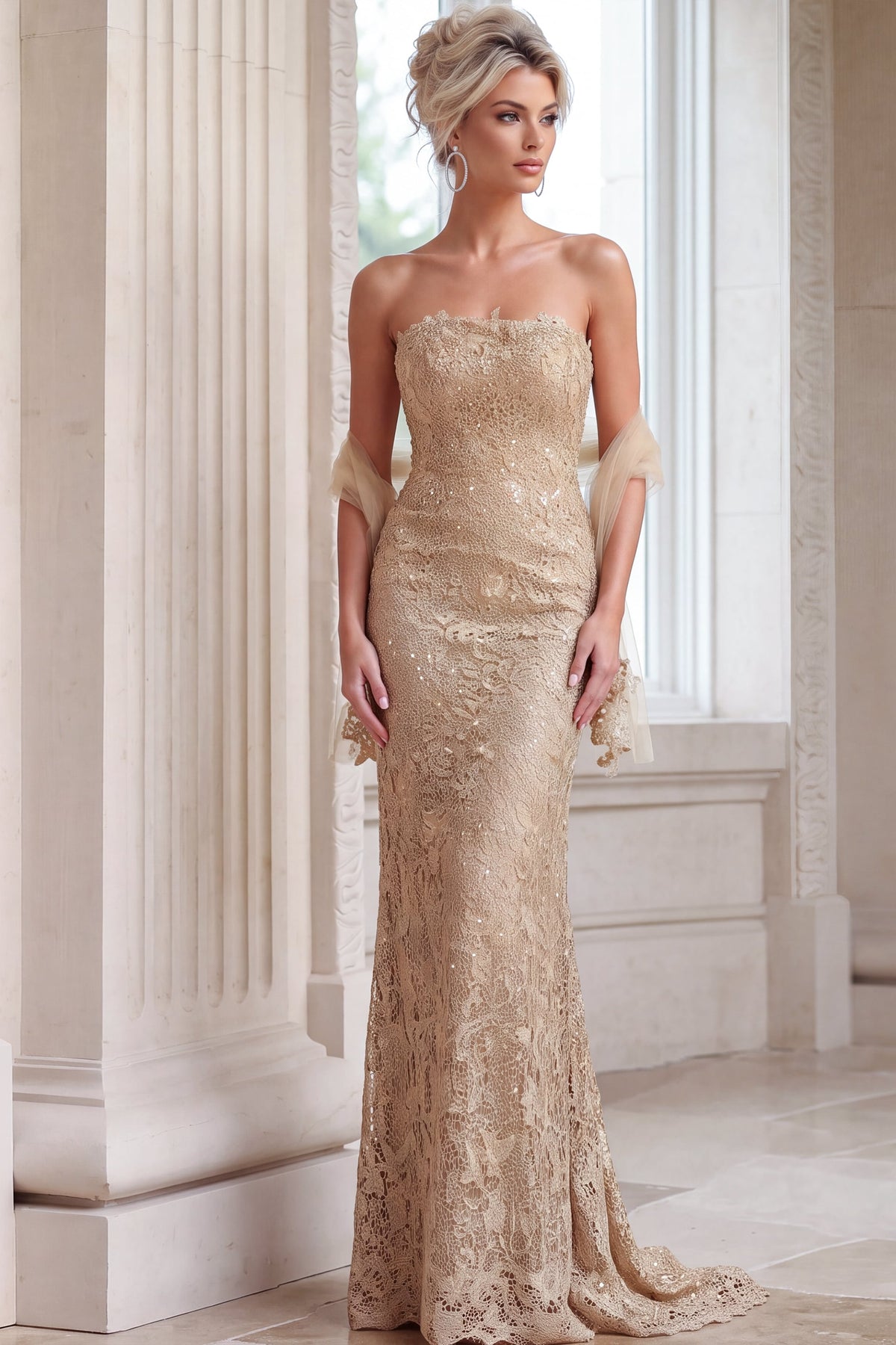 Jovani 54330 Lace Column Gown With High Back Slit