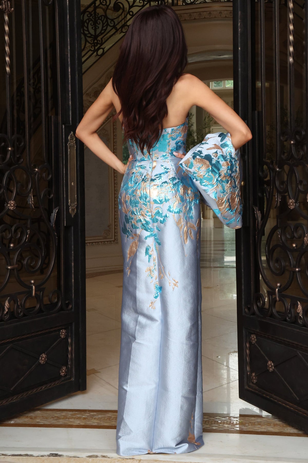 Jovani 54373 Strapless Floral Brocade Column Gown
