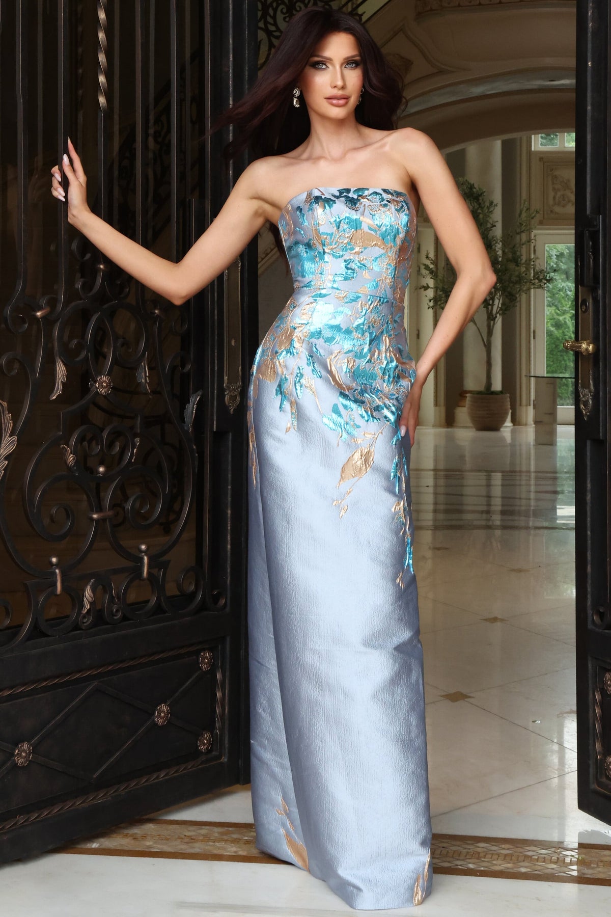 Jovani 54373 Strapless Floral Brocade Column Gown
