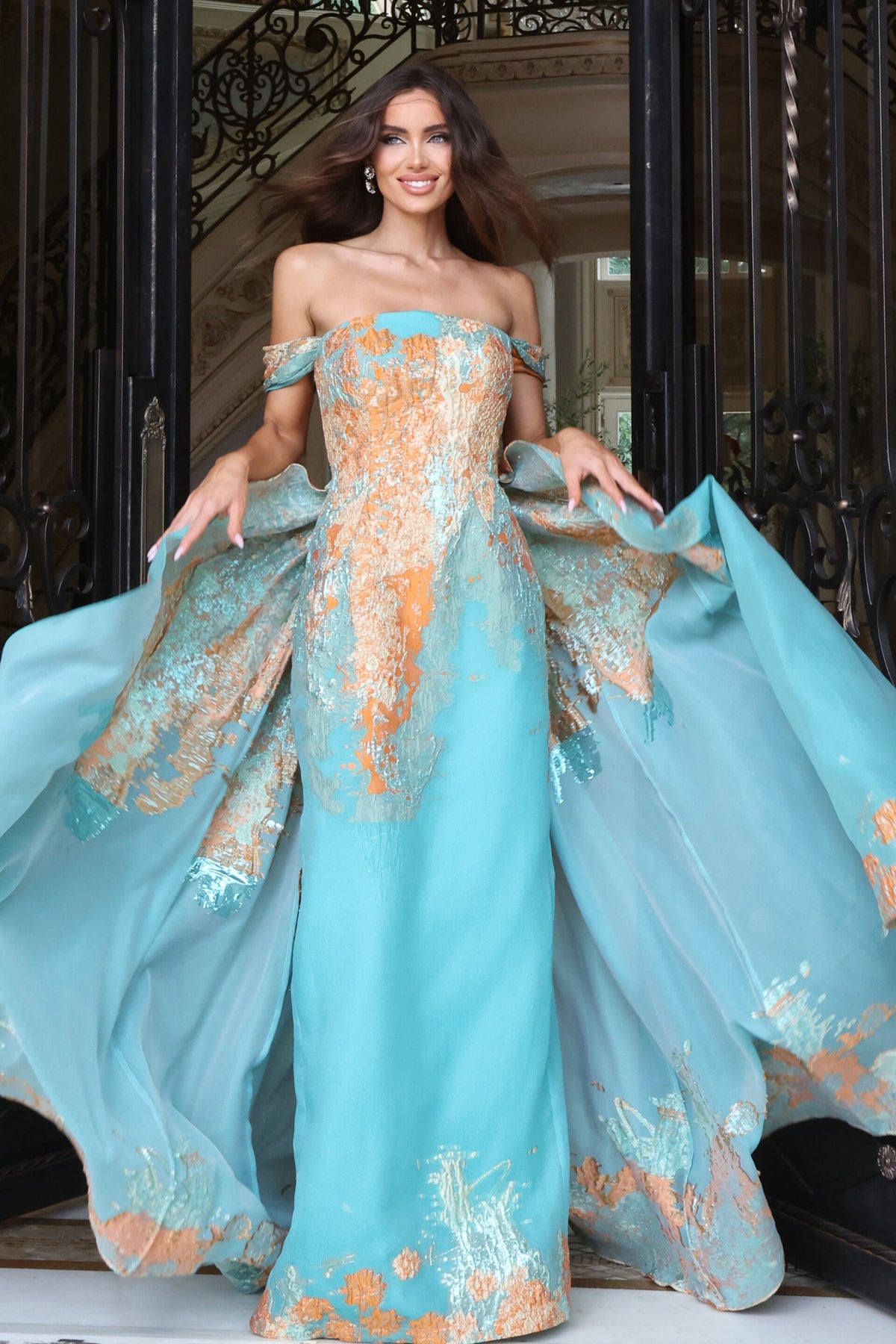 Jovani 54381 Off The Shoulder Metallic Jacquard Mermaid Gown