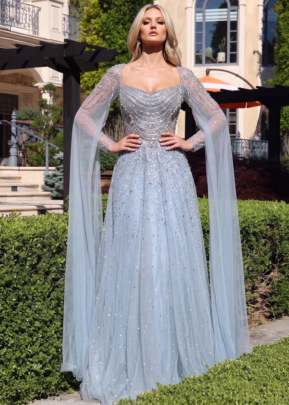 Jovani 54757 Tulle Square Neck Long Sleeve A Line Gown