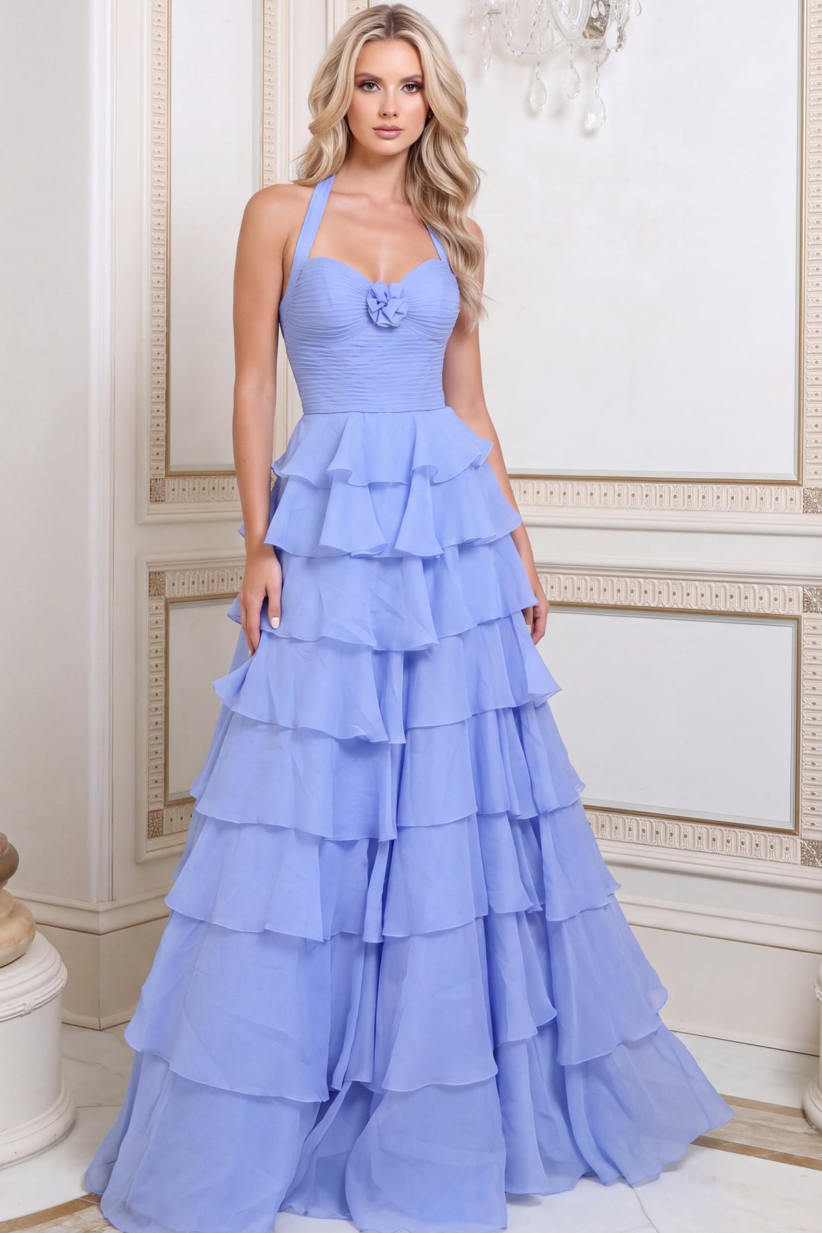 Jovani 54785 Halter Ruched Bodice Tiered Ruffle Chiffon Gown