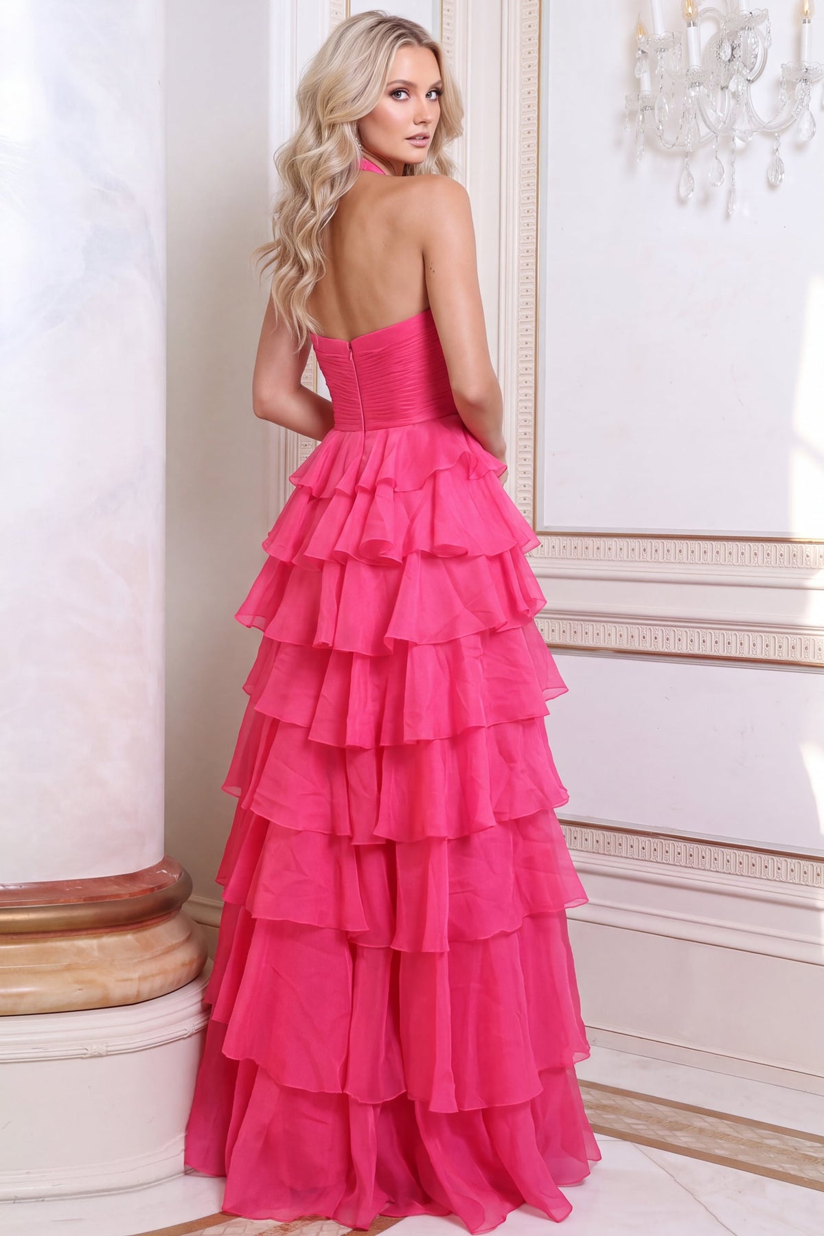 Jovani 54785 Halter Ruched Bodice Tiered Ruffle Chiffon Gown
