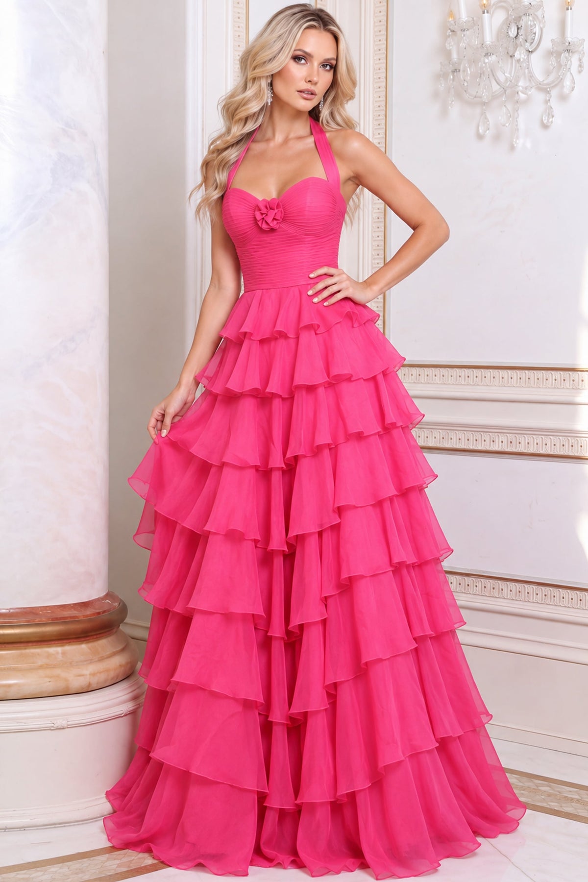 Jovani 54785 Halter Ruched Bodice Tiered Ruffle Chiffon Gown