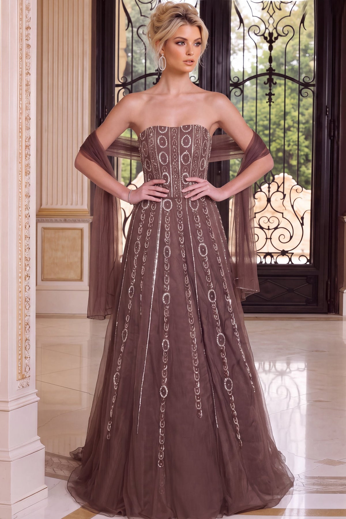 Jovani 54895 Beaded Medallion Stripe Tulle Ball Gown
