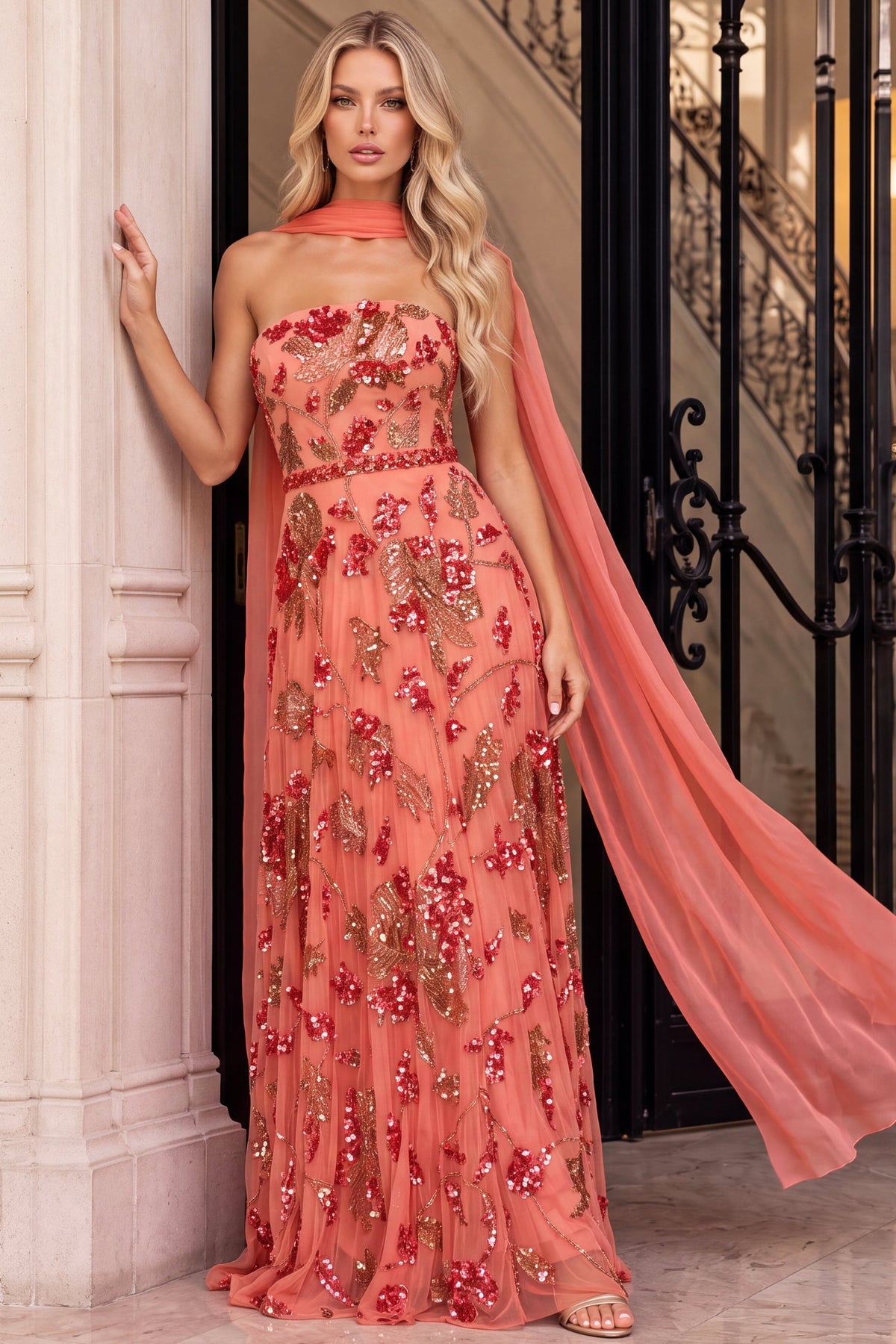 Jovani 54931 Strapless Floral Sequin A Line Tulle  Gown