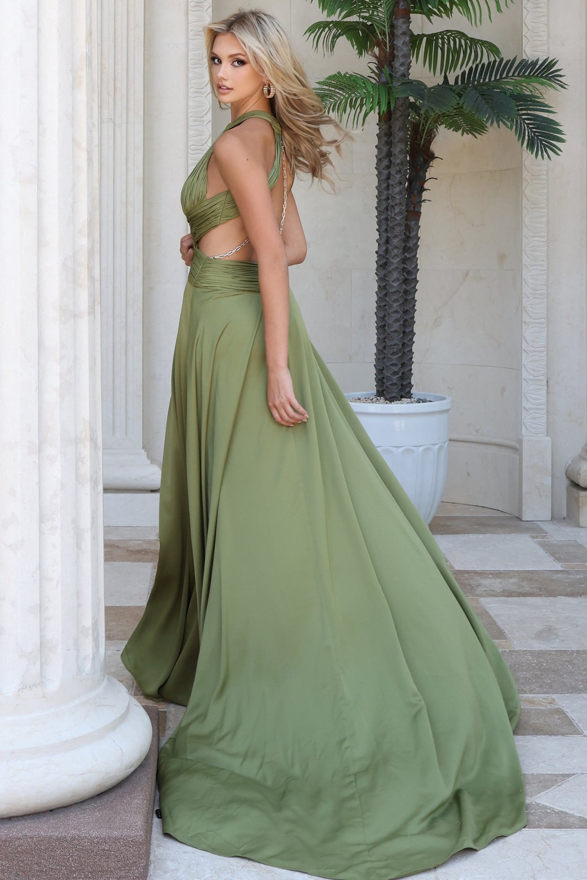 Jovani 54966 Halter Keyhole Cutout Satin High Slit Gown