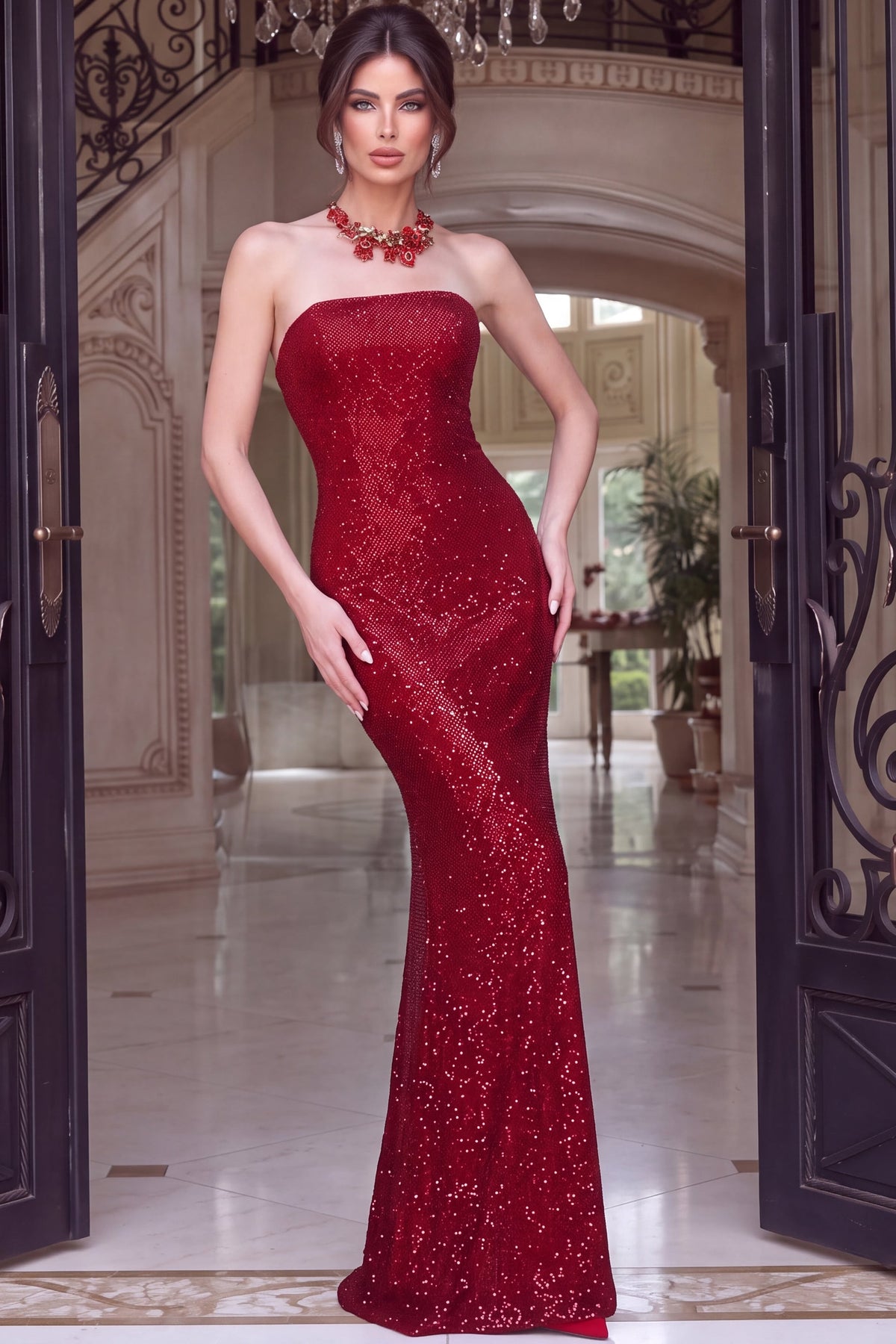 Jovani 55025 Strapless Straight Neck Sequin Mermaid Gown With Necklace
