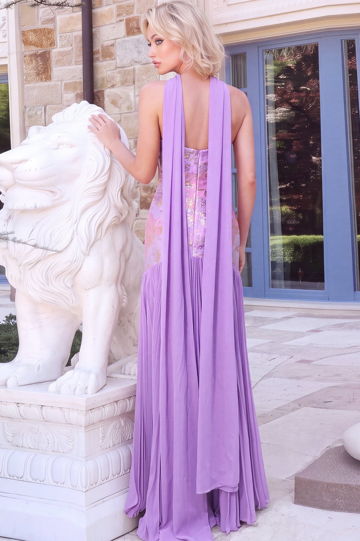 Jovani 55049 Strapless Floral Brocade Pleated Chiffon Gown