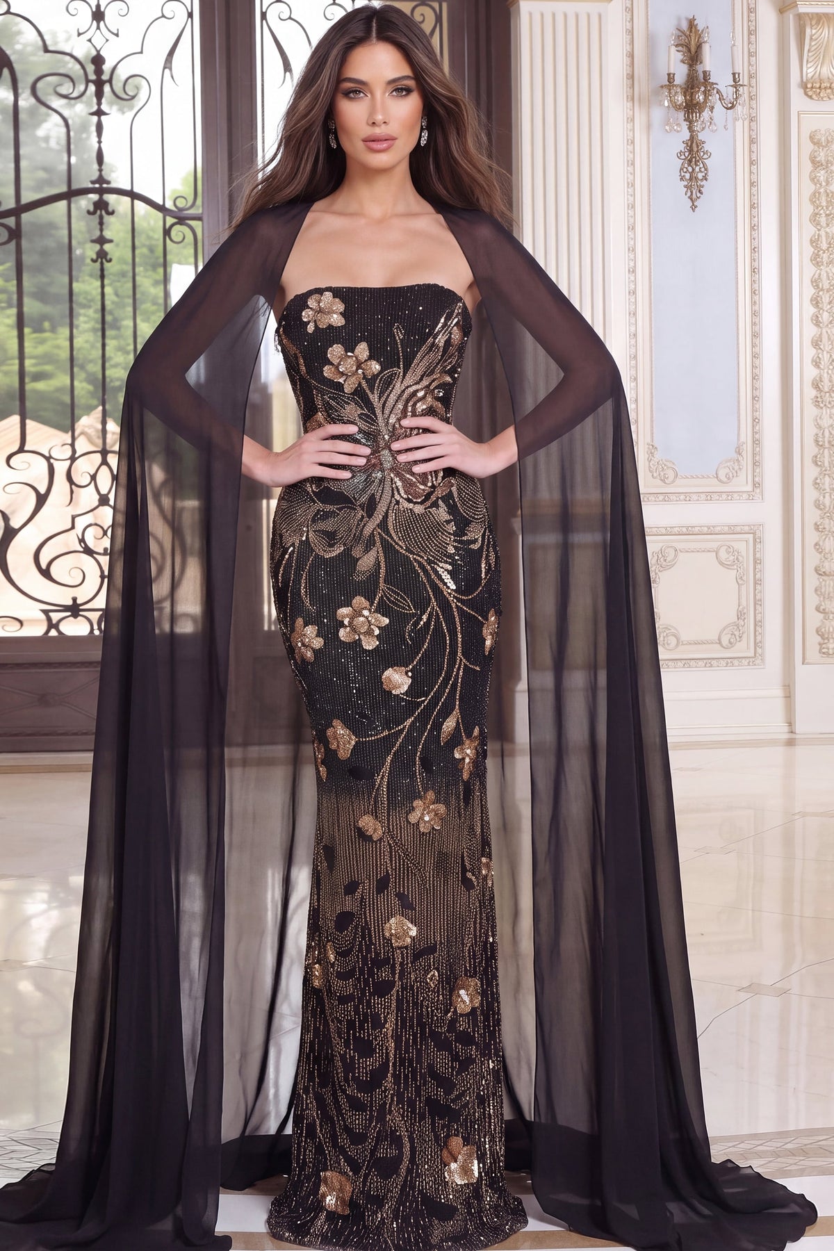 Jovani 55052 Strapless Sequin Floral Mermaid Gown