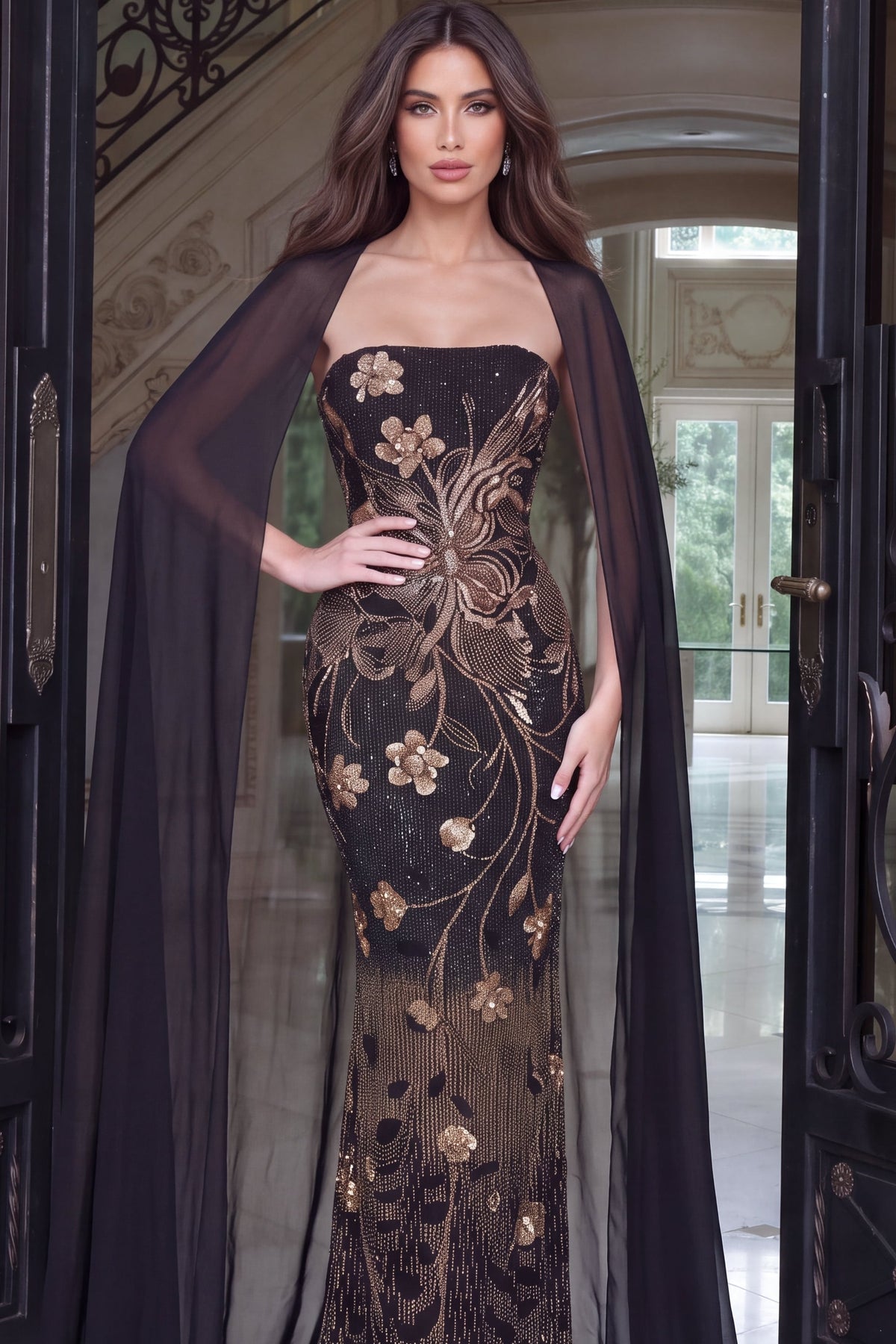 Jovani 55052 Strapless Sequin Floral Mermaid Gown
