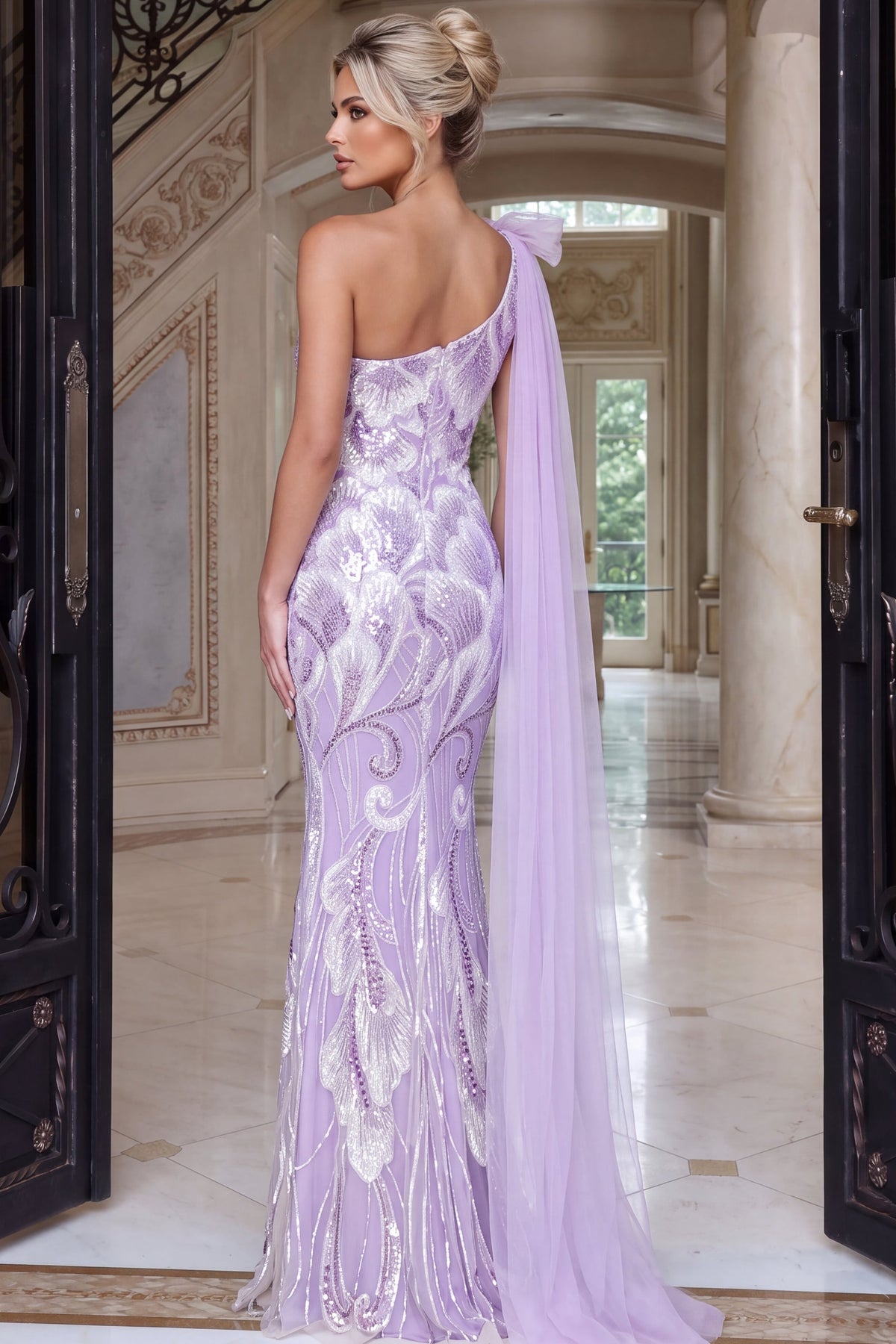 Jovani 55109 One Shoulder Floral Sequin Mermaid Gown