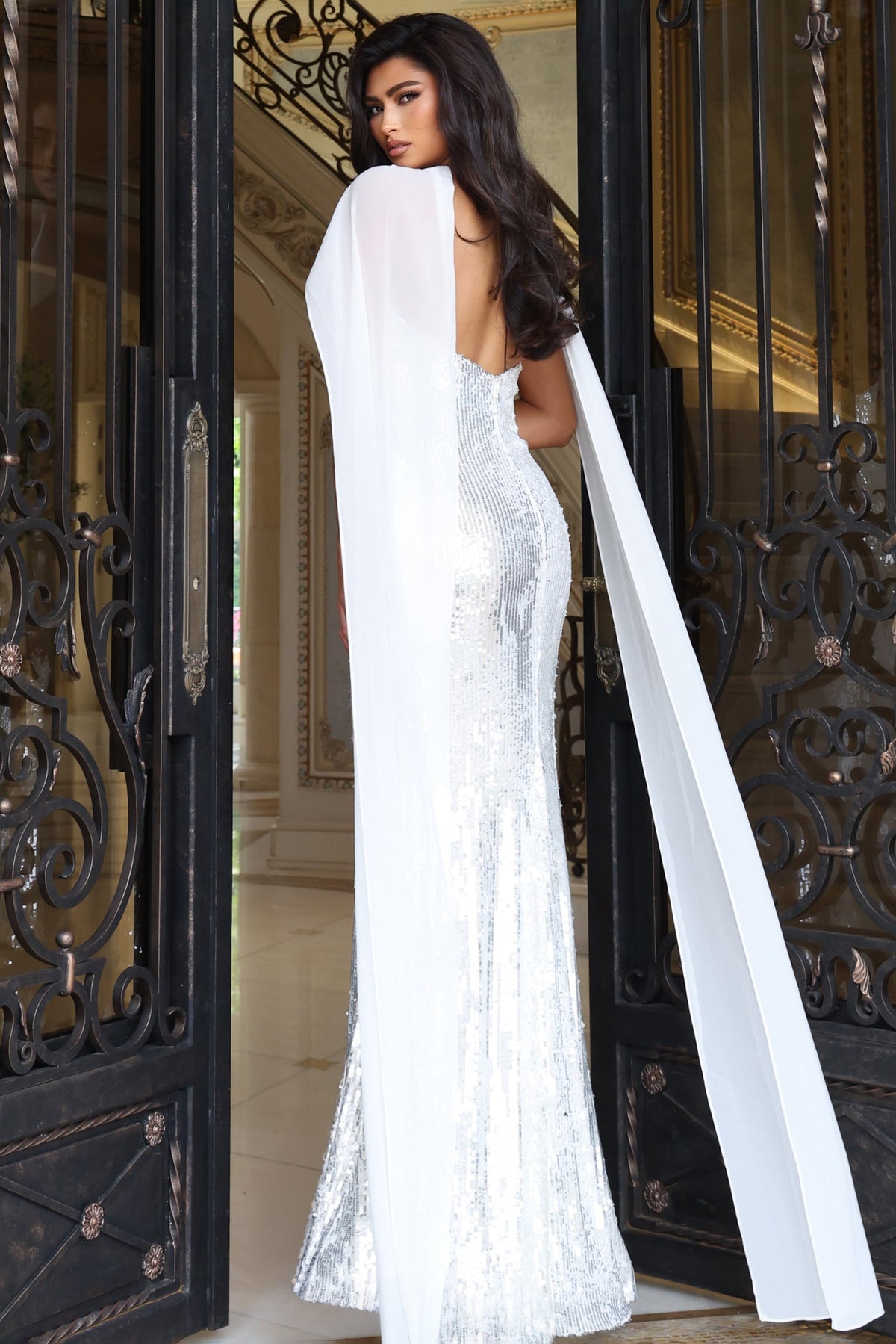 Jovani 55115 Strapless Sequin Mermaid Gown With Chiffon Cape