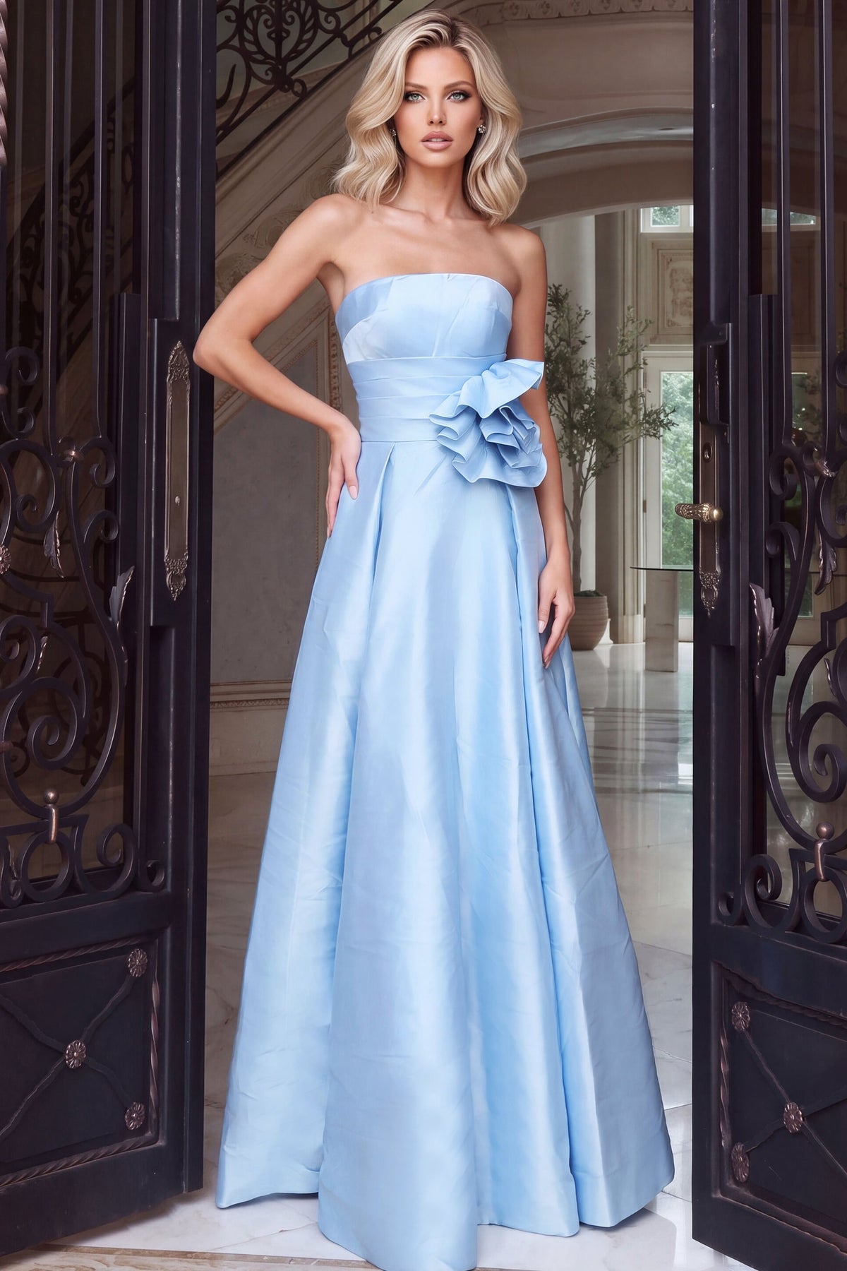 Jovani 55121 Strapless Ball Gown With Rosette Waist And Back Bow