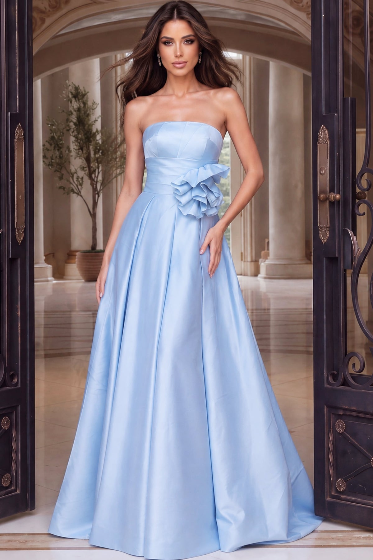 Jovani 55121 Strapless Ball Gown With Rosette Waist And Back Bow