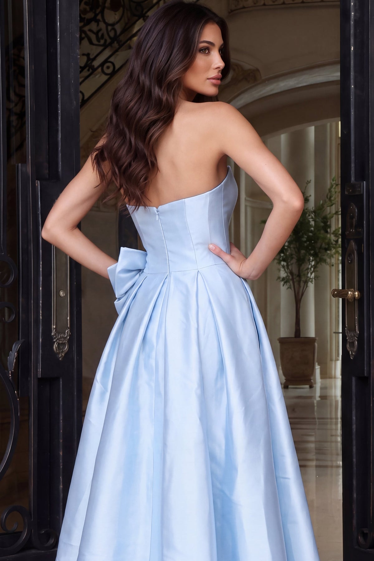Jovani 55121 Strapless Ball Gown With Rosette Waist And Back Bow
