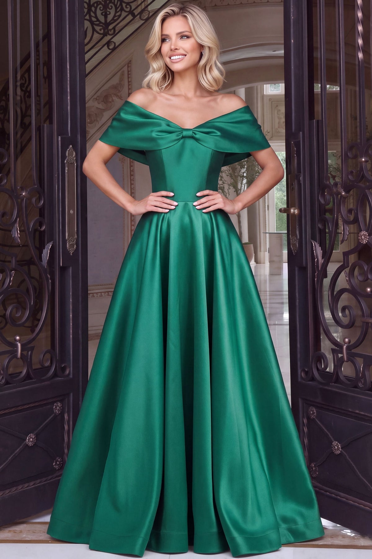 Jovani 55122 Off The Shoulder A Line Satin Gown