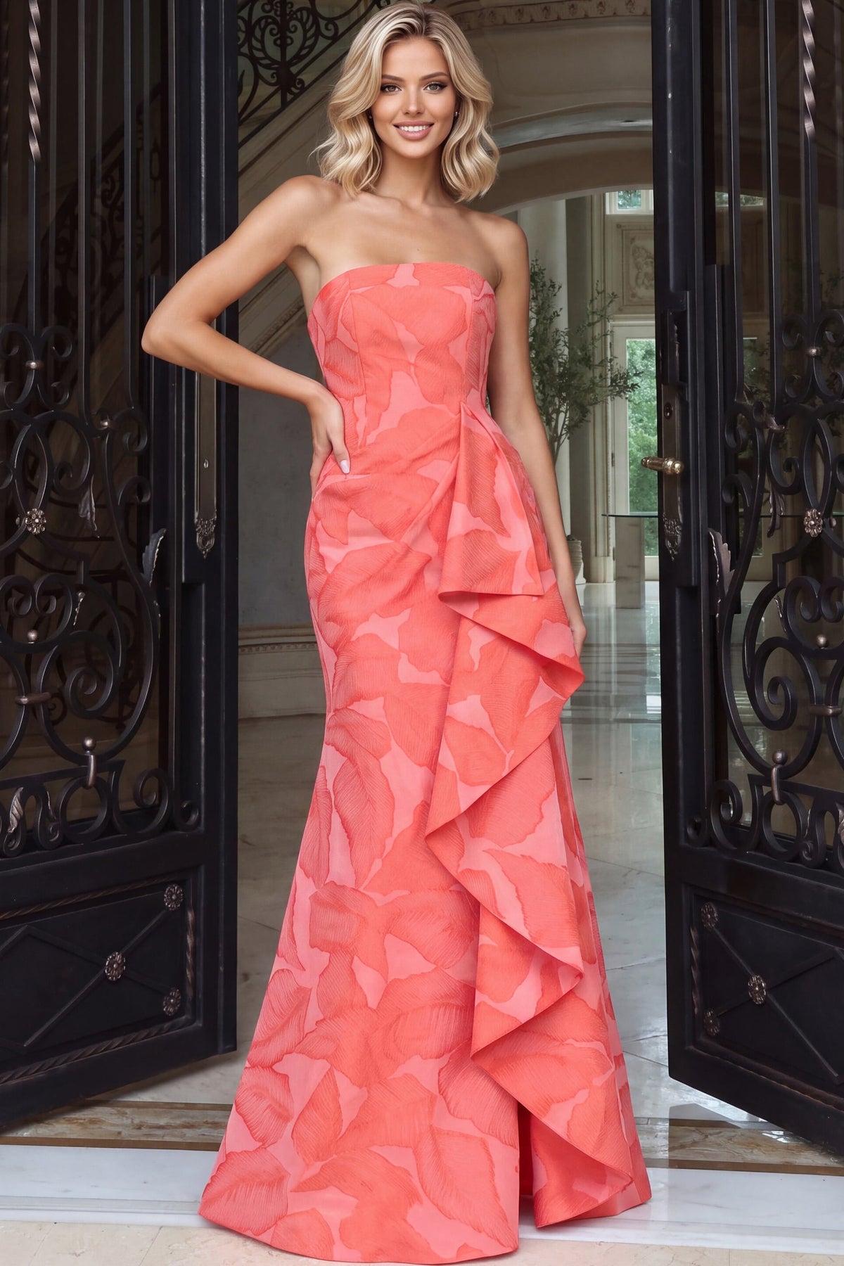 Jovani 55154 Strapless Floral Jacquard Mermaid Gown With Cascading Ruffle