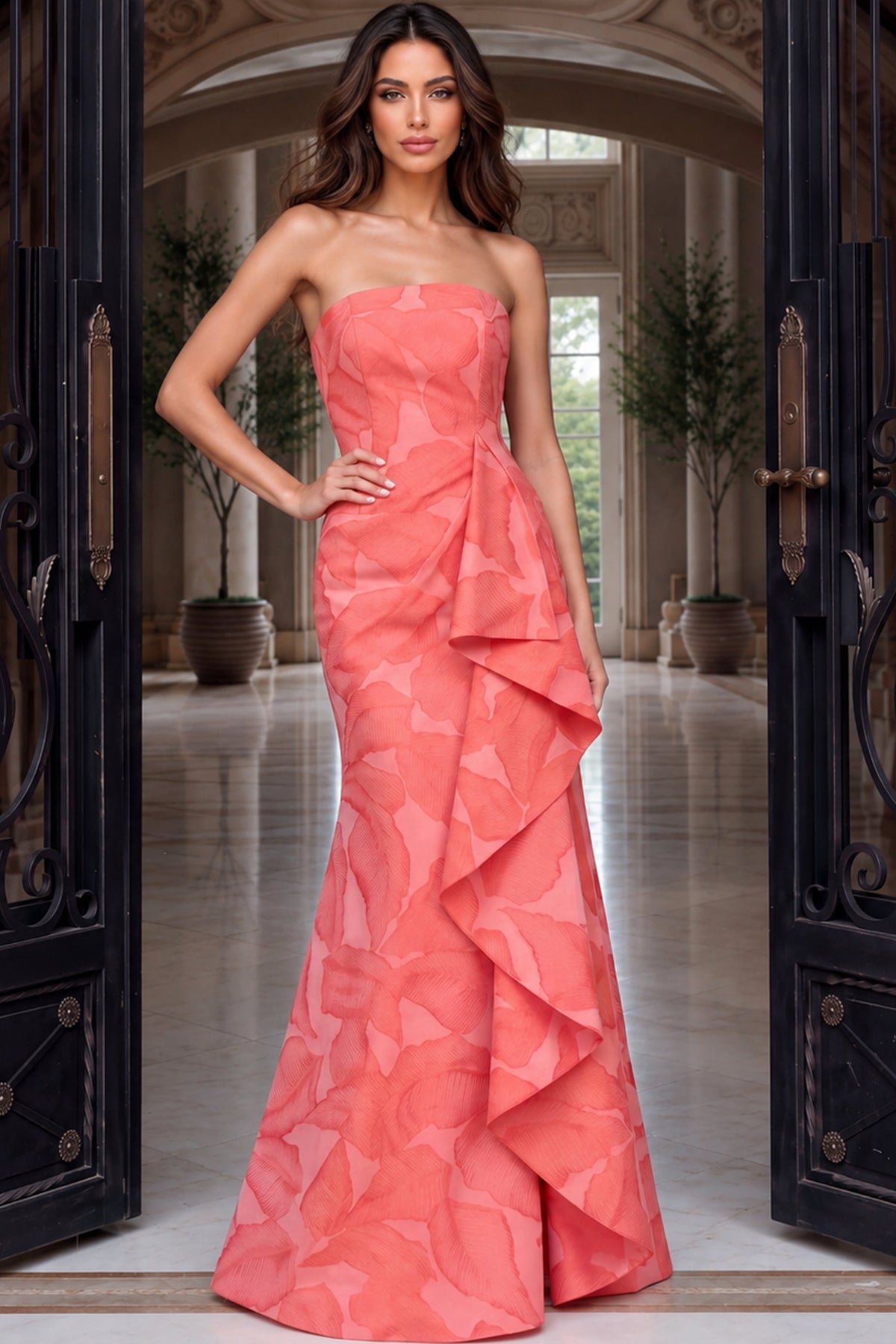 Jovani 55154 Strapless Floral Jacquard Mermaid Gown With Cascading Ruffle