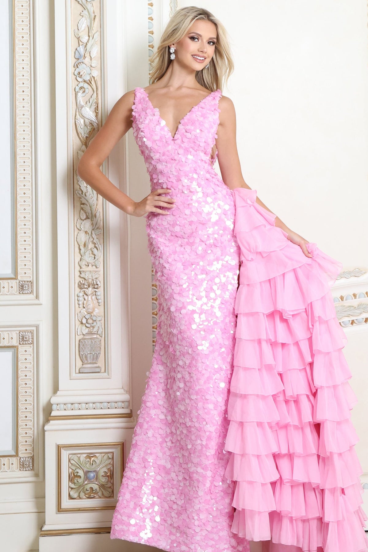Jovani 55159 V Neck Sequin Mermaid Gown With Ruffle Overskirt