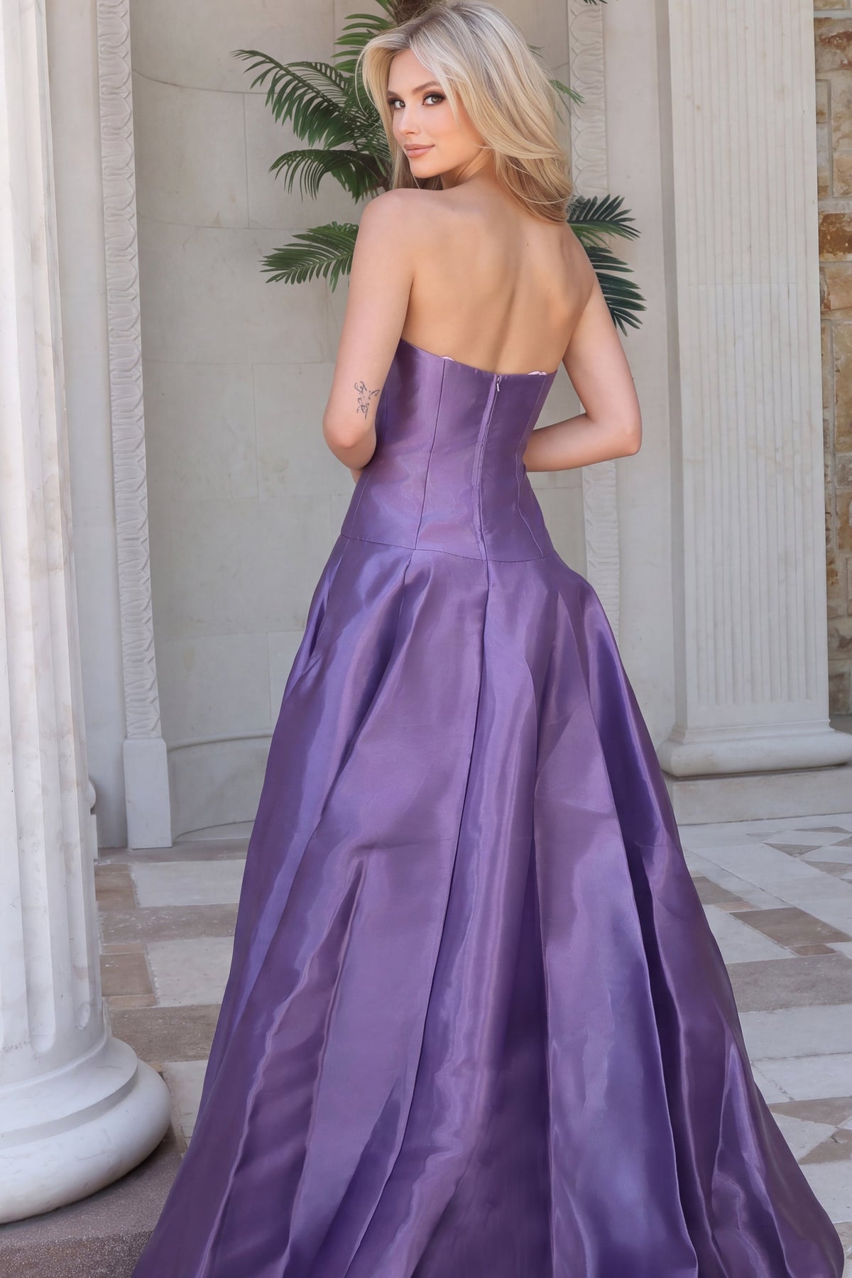 Jovani 55165 Strapless Corset Draped Taffeta Ball Gown With Slit