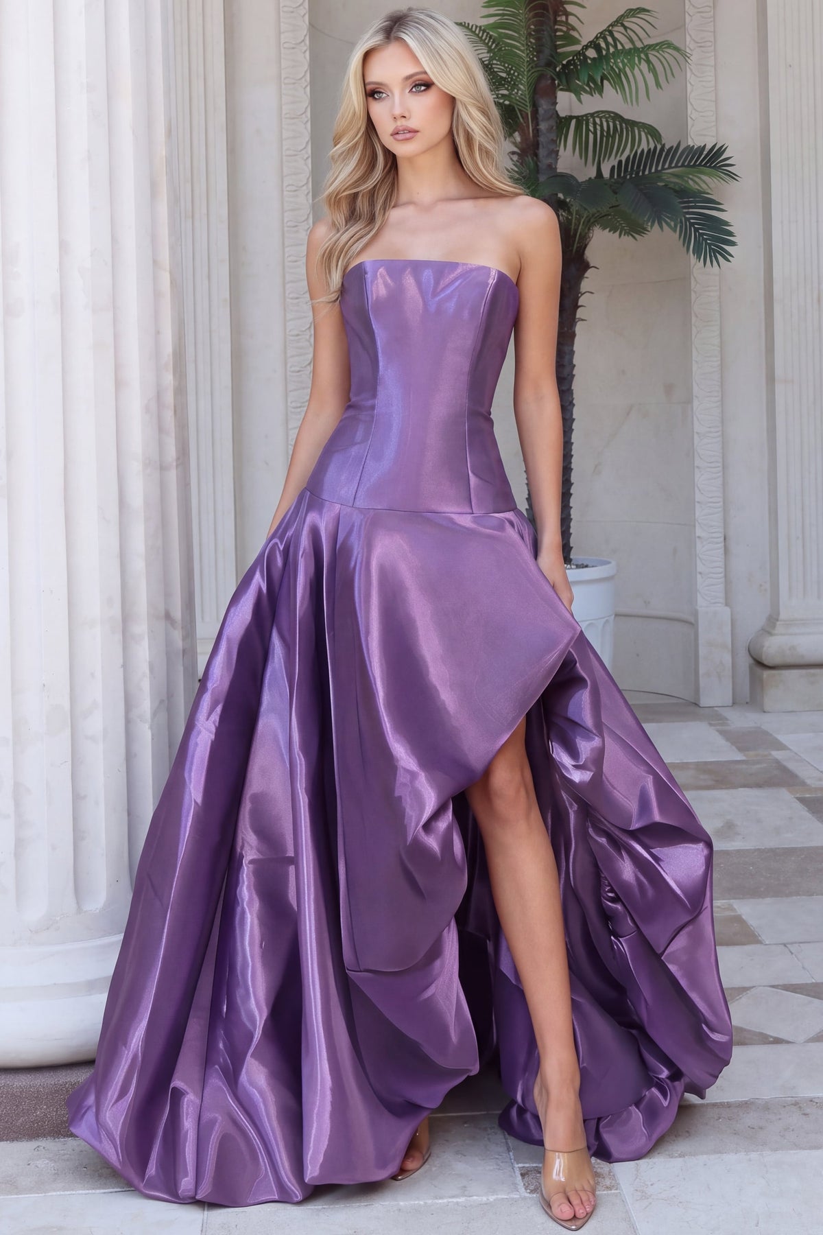 Jovani 55165 Strapless Corset Draped Taffeta Ball Gown With Slit