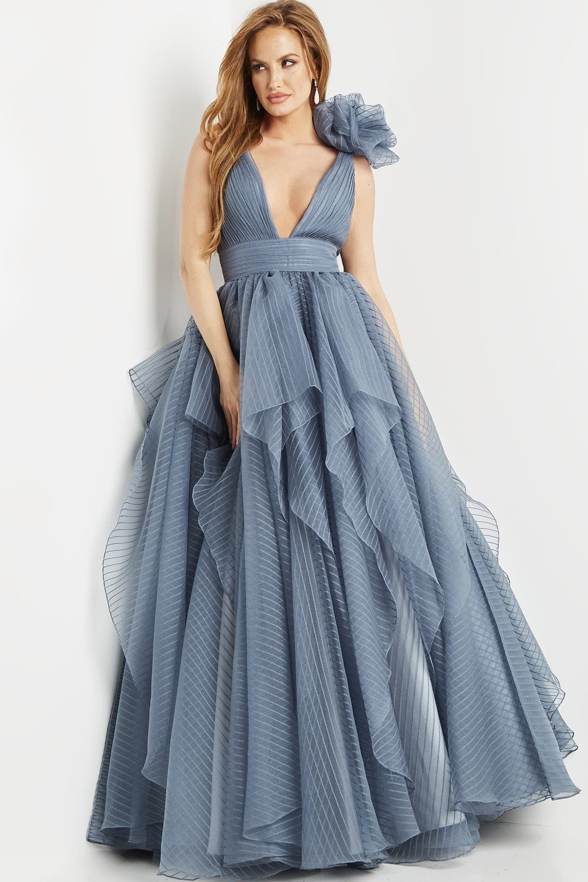 Jovani 55210 Grey Blue V Neck Sleeveless Ballgown