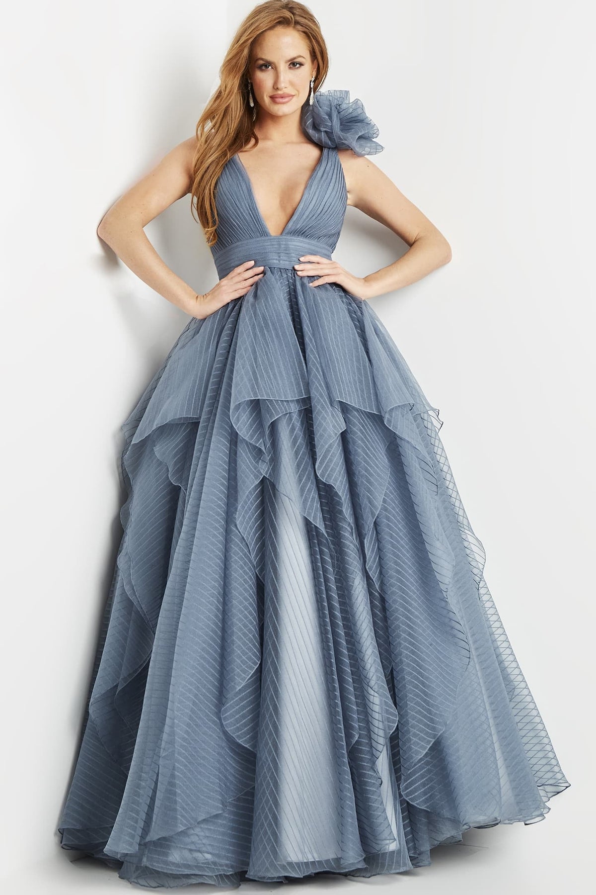 Jovani 55210 Grey Blue V Neck Sleeveless Ballgown