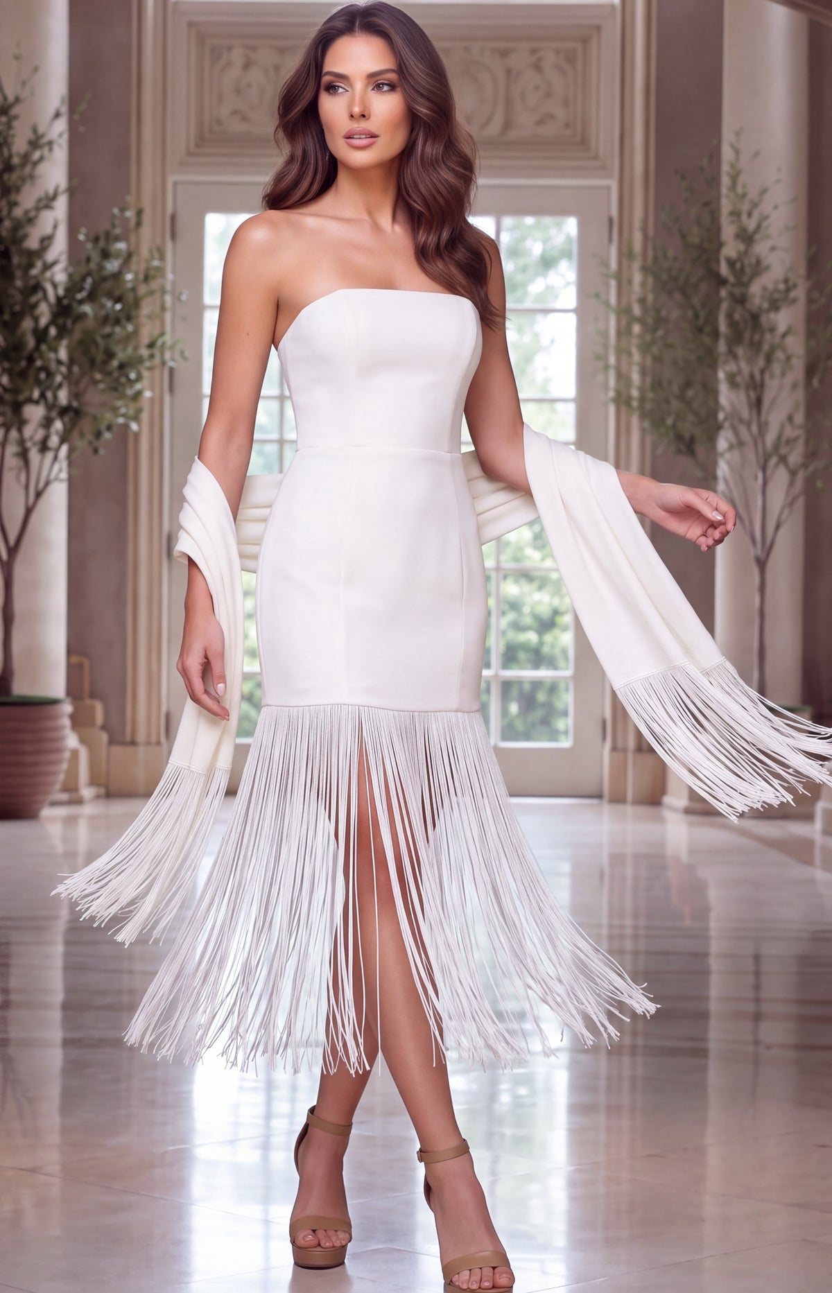 Jovani 55225 Fringe Hem Strapless Midi Dress