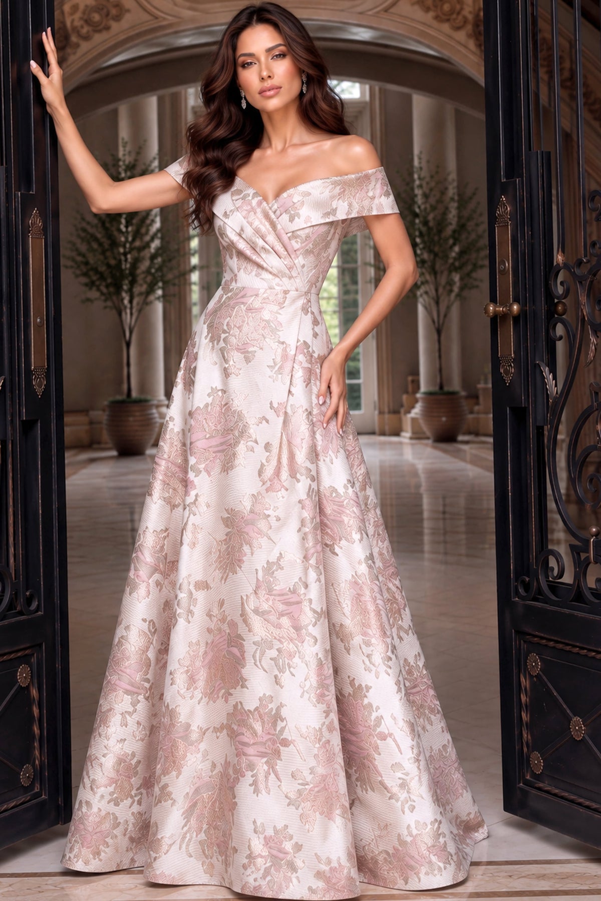 Jovani 55468 Off Shoulder Floral Brocade A Line Gown