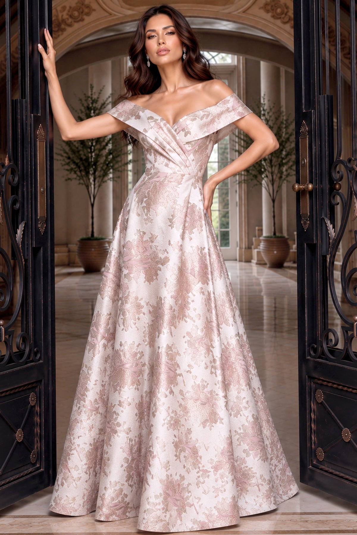 Jovani 55468 Off Shoulder Floral Brocade A Line Gown