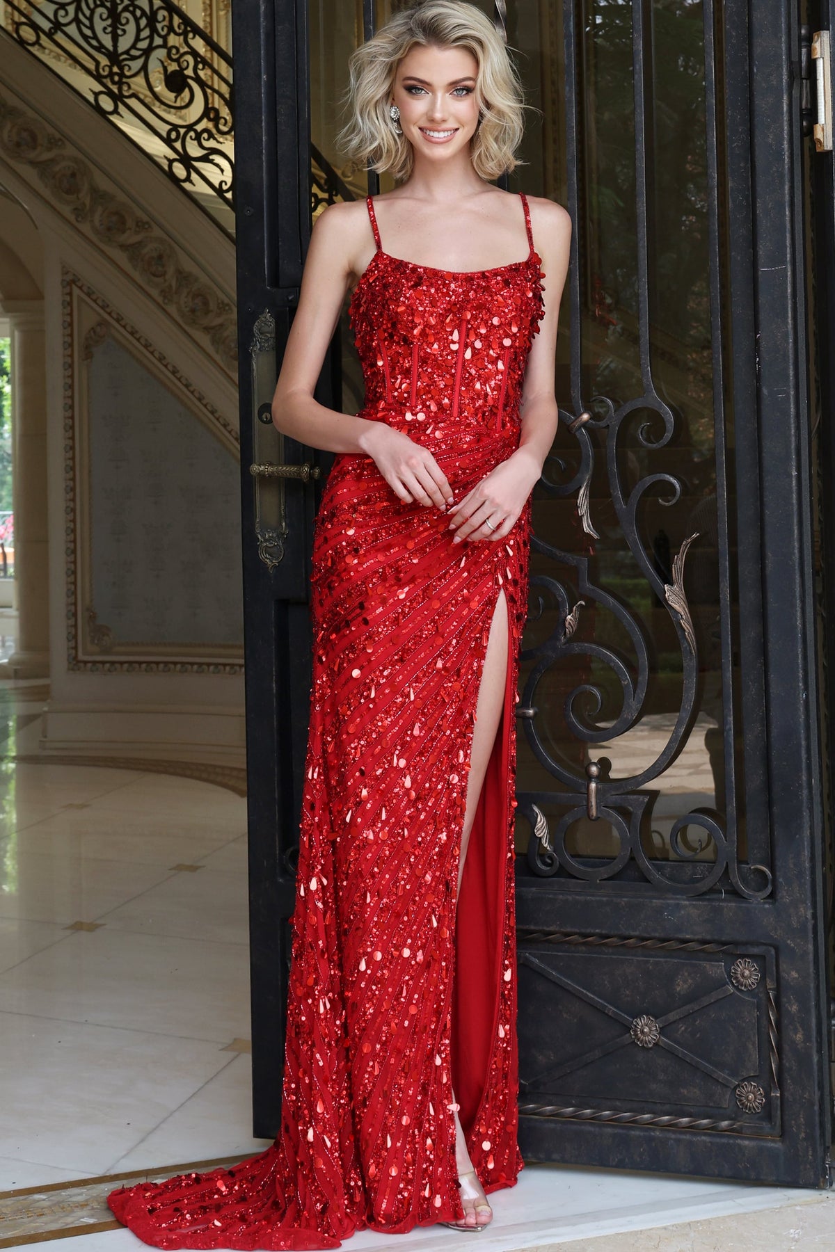 Jovani 55527 Spaghetti Strap Sequin Open Back High Slit Column Gown