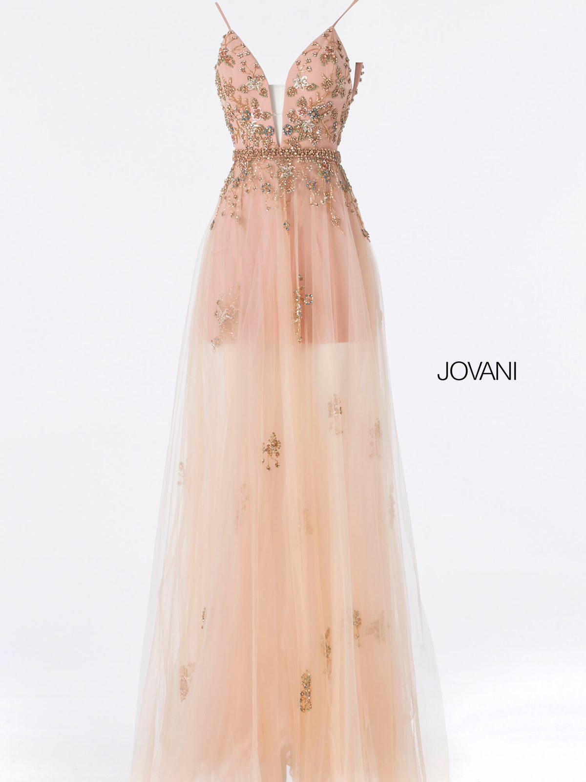 Jovani 55621 Charcoal Spaghetti Straps Plunging Neckline Dress