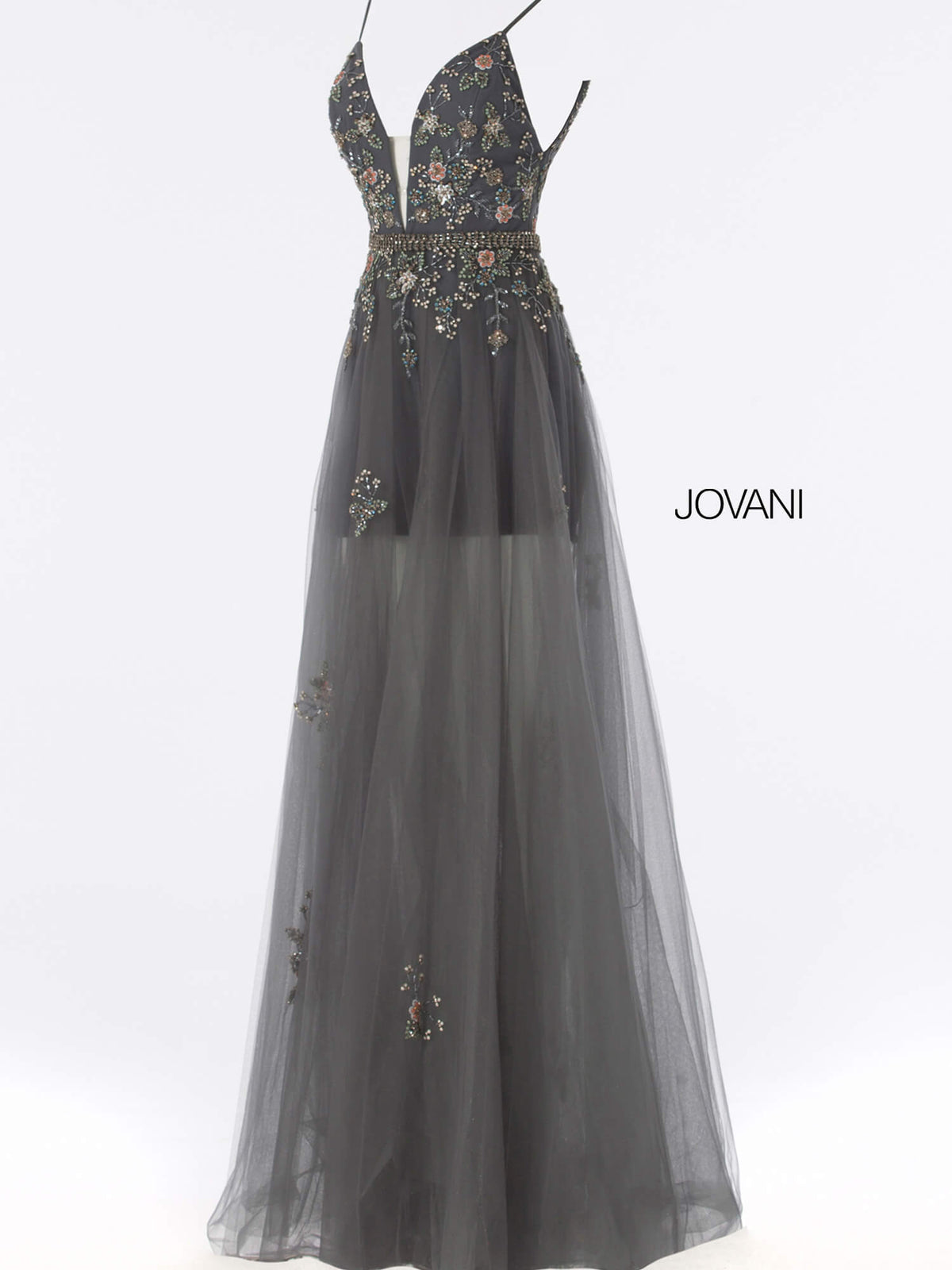 Jovani 55621 Charcoal Spaghetti Straps Plunging Neckline Dress