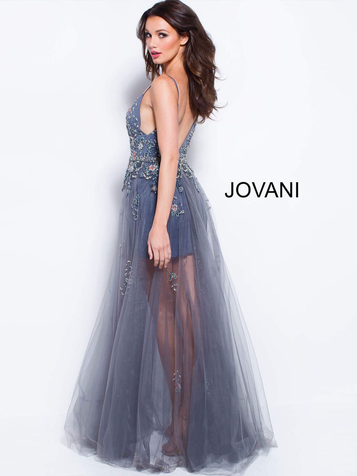 Jovani 55621 Charcoal Spaghetti Straps Plunging Neckline Dress