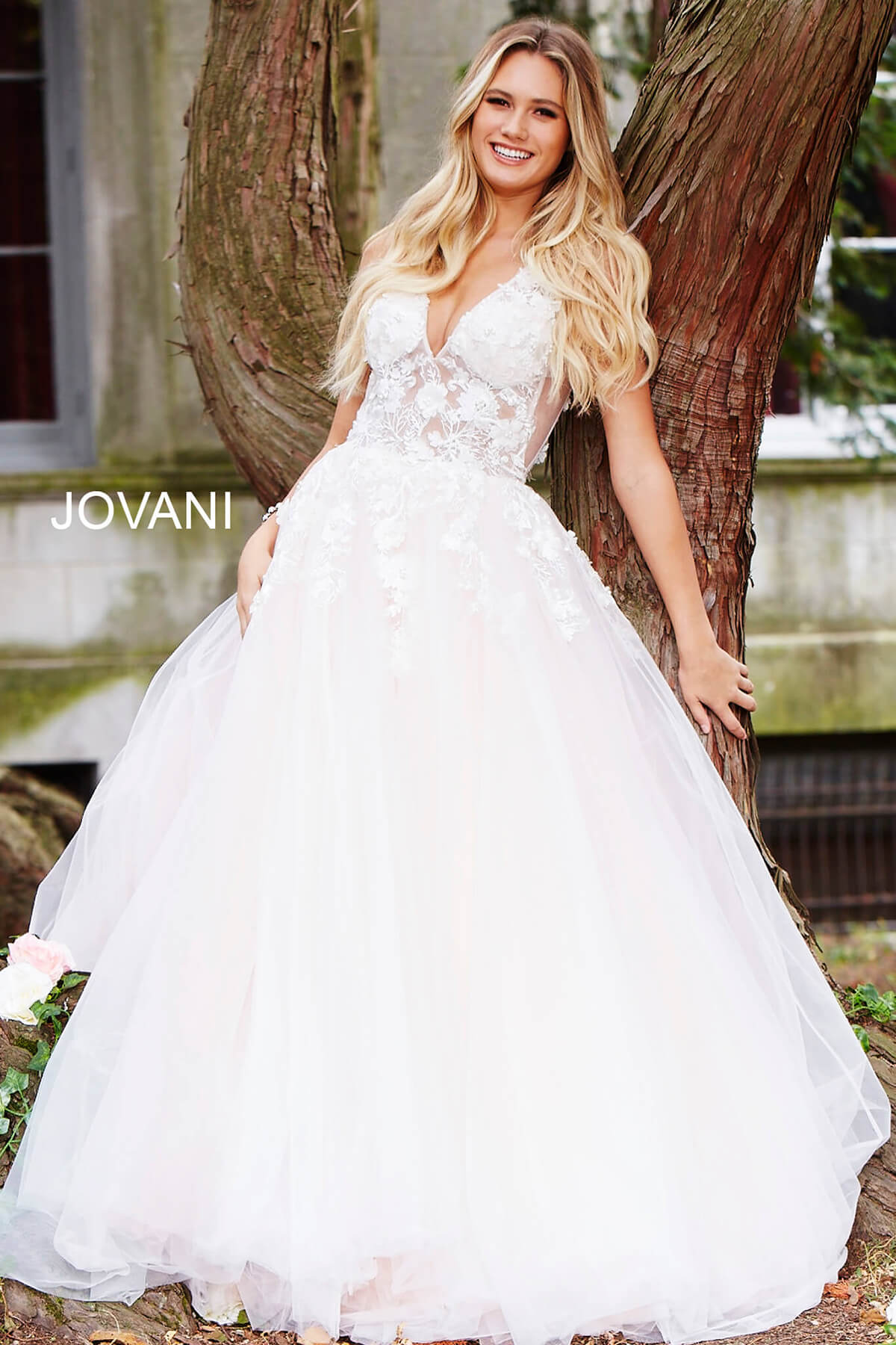 Jovani 55634 Red Floral Appliques Dress