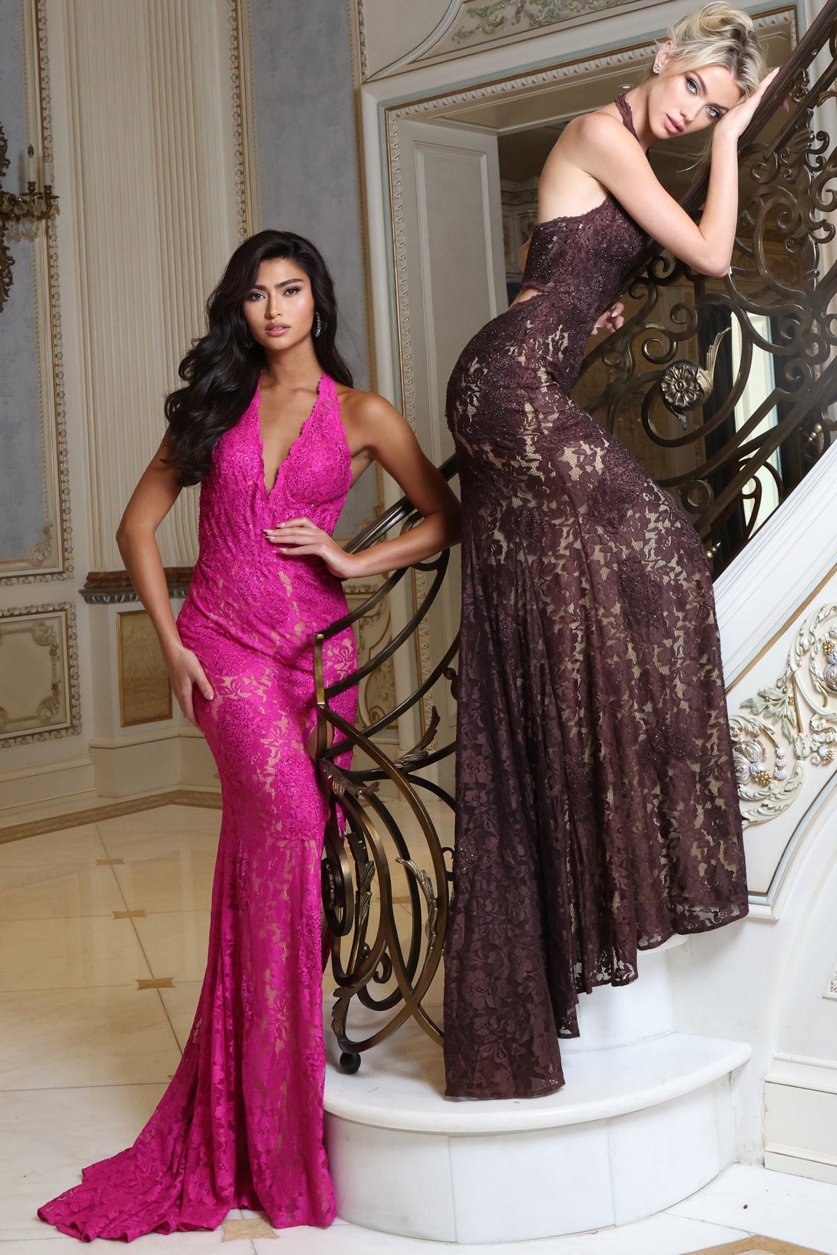 Jovani 55661 Halter Plunge Lace Overlay Slit Mermaid Gown