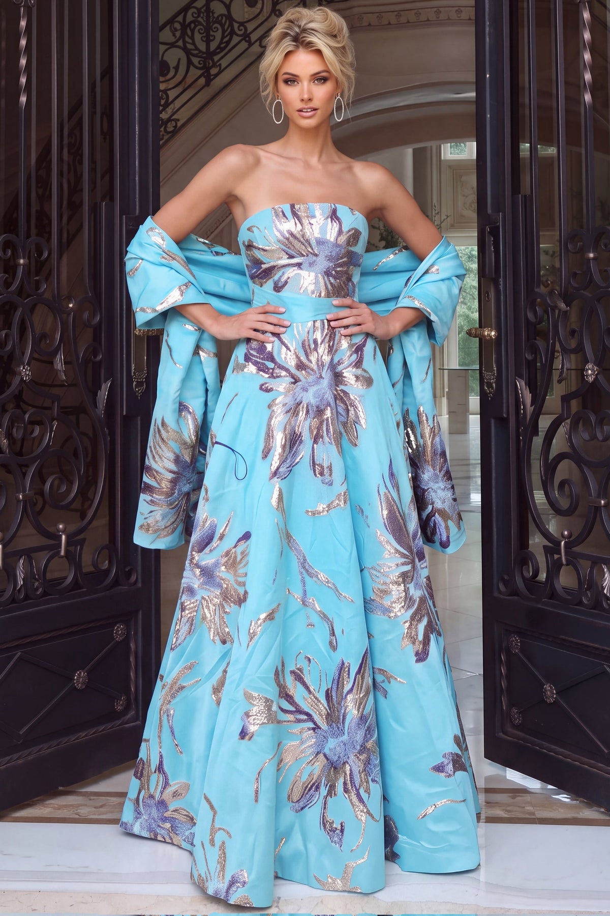 Jovani 55688 Turquoise Floral Metallic Strapless Ball Gown